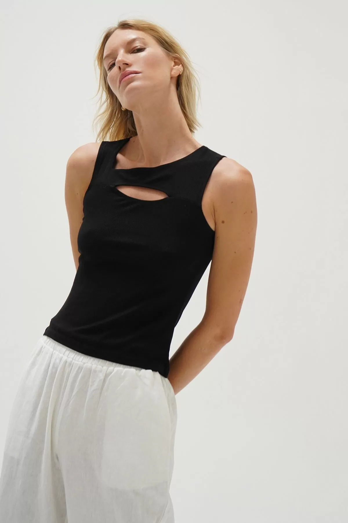 Erin Cut Out Ribbed Tank - Black