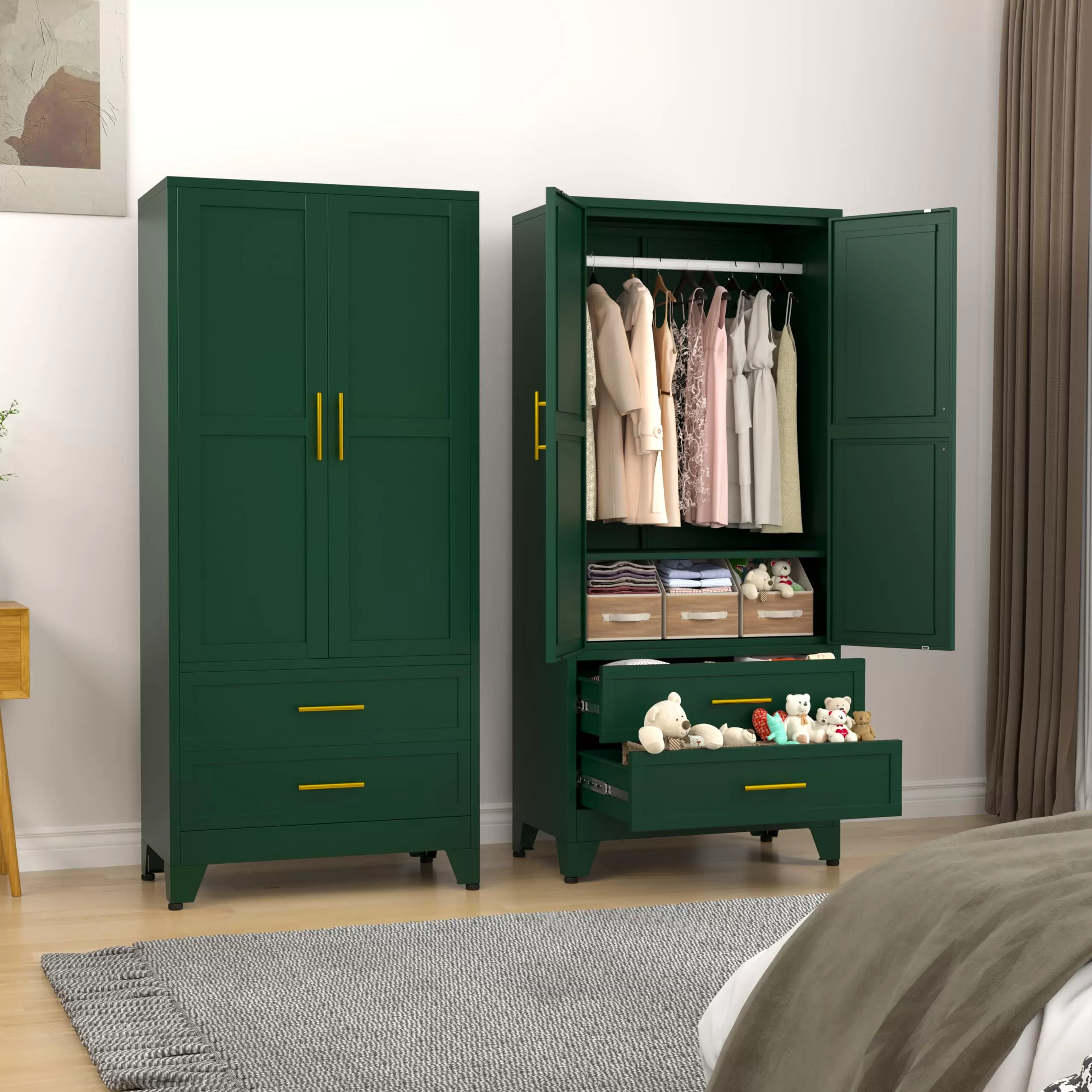 erosoei Metal Armoire Wardrobe Closet, 71 Metal Clothing Storage Cabinet with Adjustable Shelves and Hanging Rod, Household Steel Wardrobe Storage Cabinet with Drawers (armoire-Green)