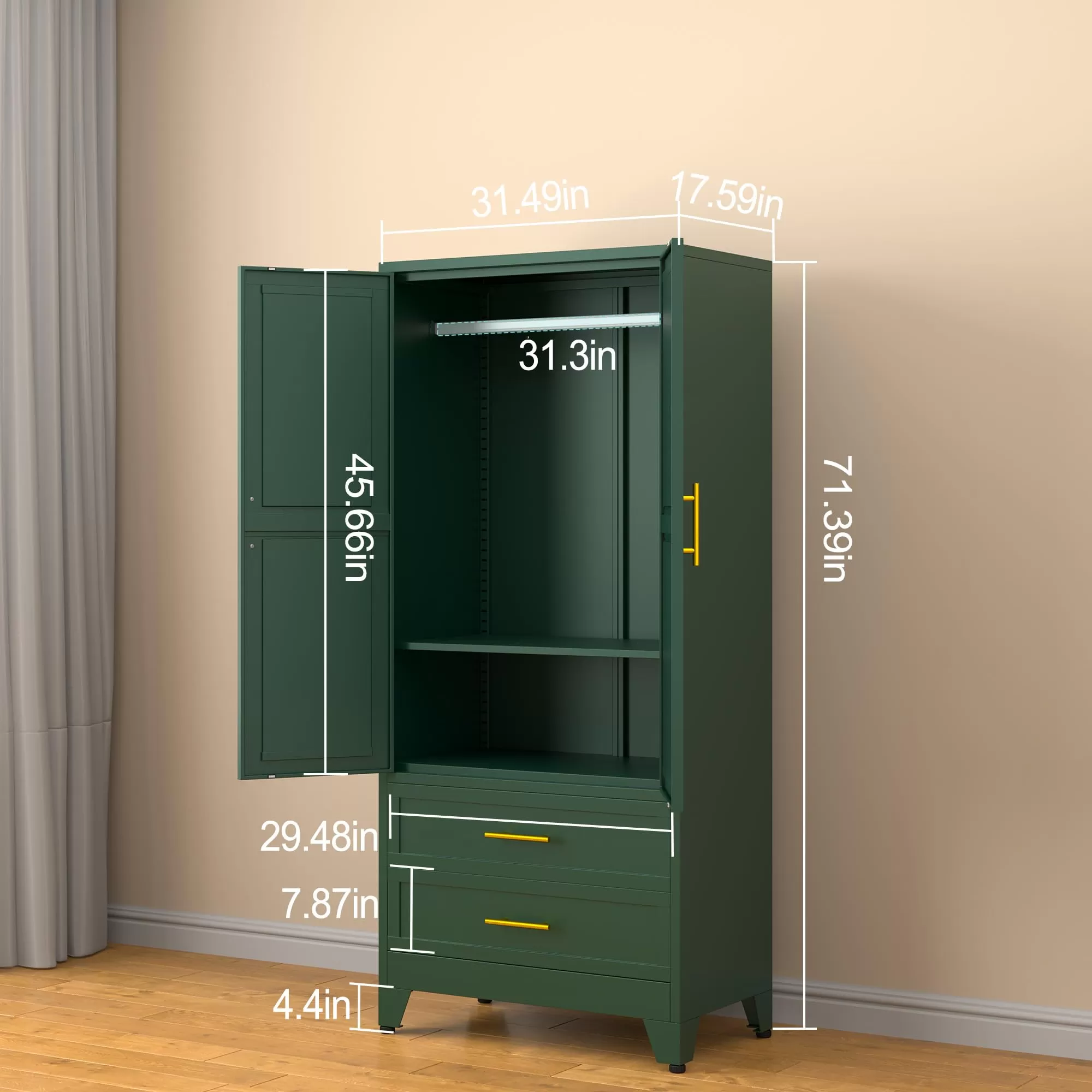 erosoei Metal Armoire Wardrobe Closet, 71 Metal Clothing Storage Cabinet with Adjustable Shelves and Hanging Rod, Household Steel Wardrobe Storage Cabinet with Drawers (armoire-Green)