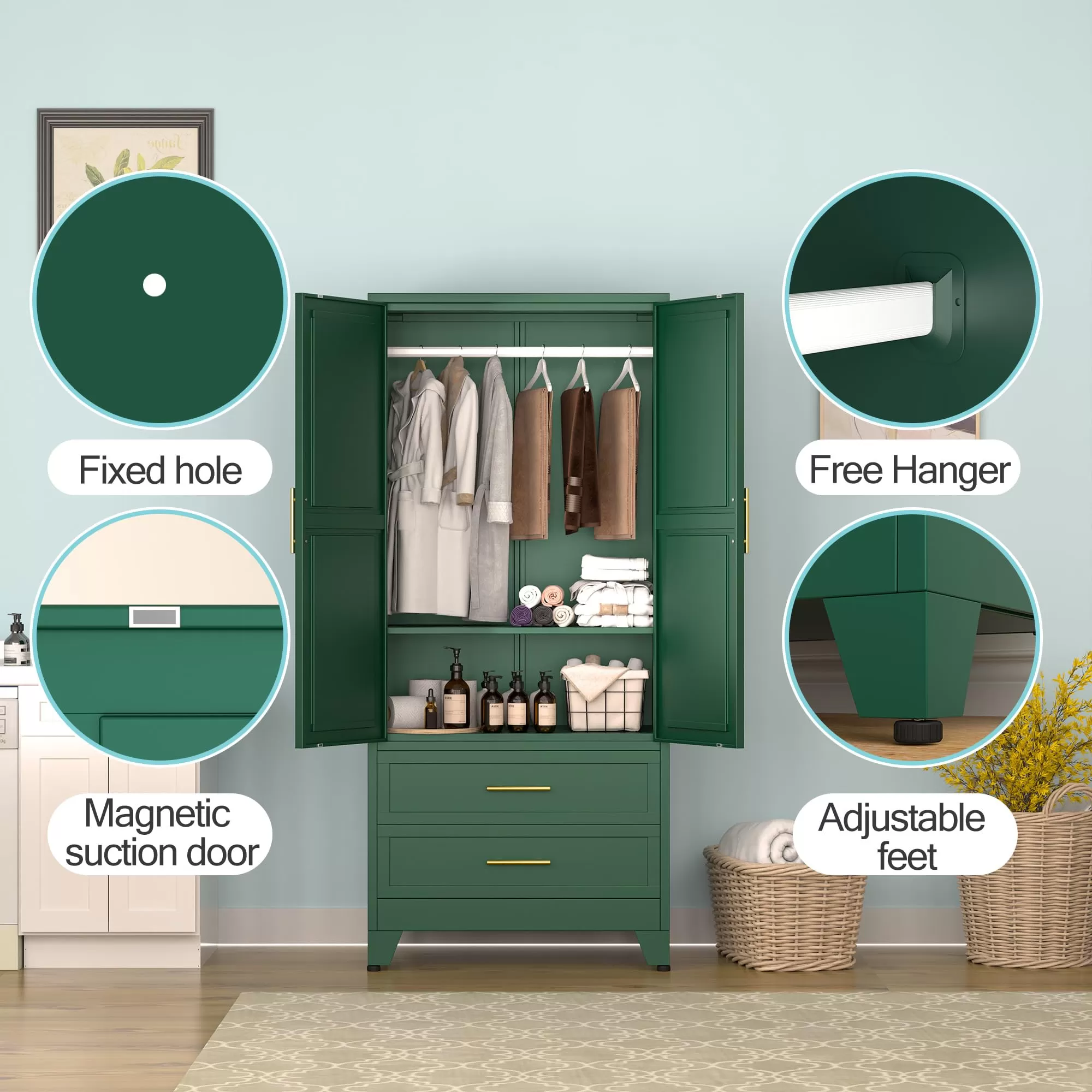 erosoei Metal Armoire Wardrobe Closet, 71 Metal Clothing Storage Cabinet with Adjustable Shelves and Hanging Rod, Household Steel Wardrobe Storage Cabinet with Drawers (armoire-Green)