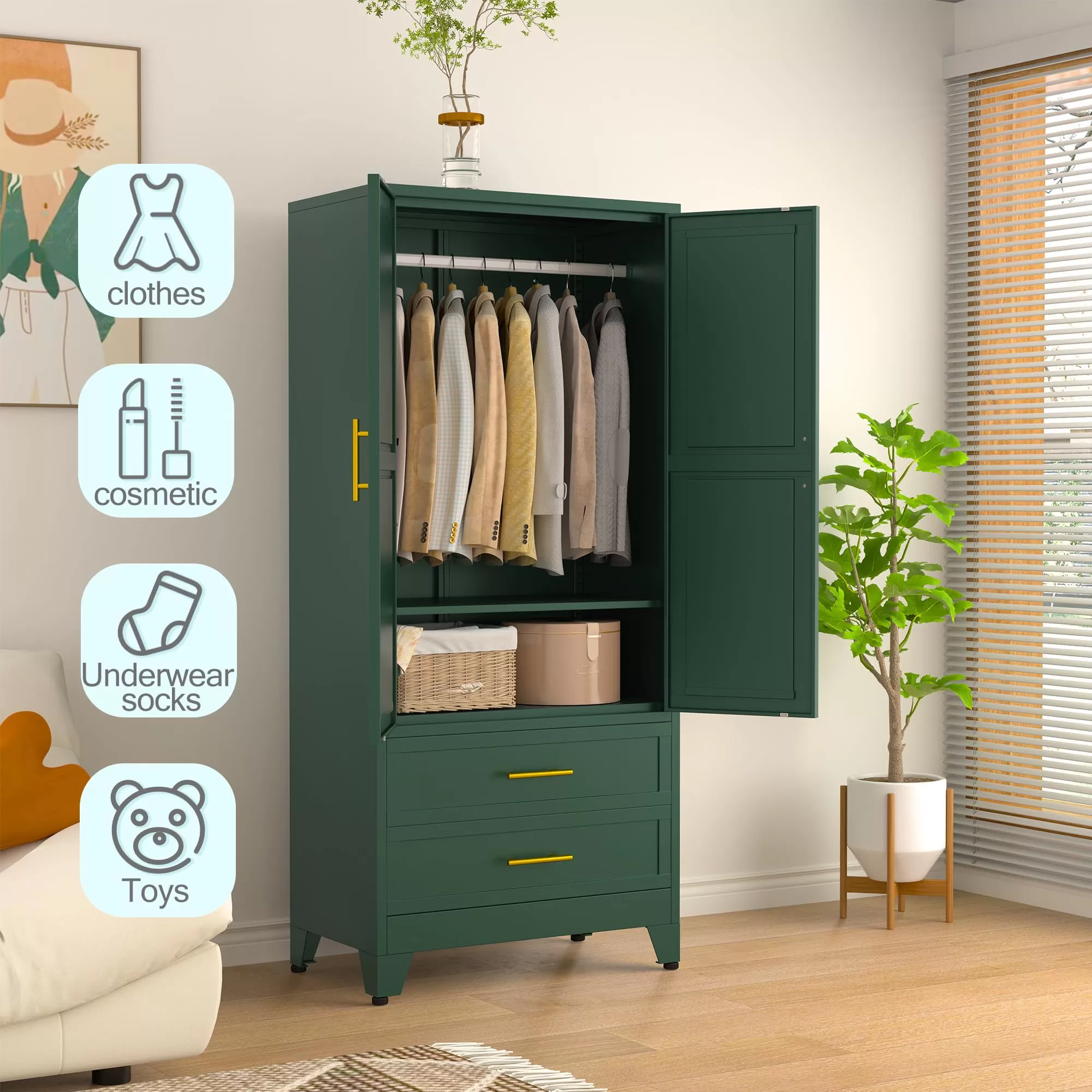 erosoei Metal Armoire Wardrobe Closet, 71 Metal Clothing Storage Cabinet with Adjustable Shelves and Hanging Rod, Household Steel Wardrobe Storage Cabinet with Drawers (armoire-Green)