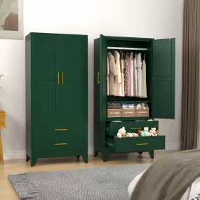 erosoei Metal Armoire Wardrobe Closet, 71 Metal Clothing Storage Cabinet with Adjustable Shelves and Hanging Rod, Household Steel Wardrobe Storage Cabinet with Drawers (armoire-Green)