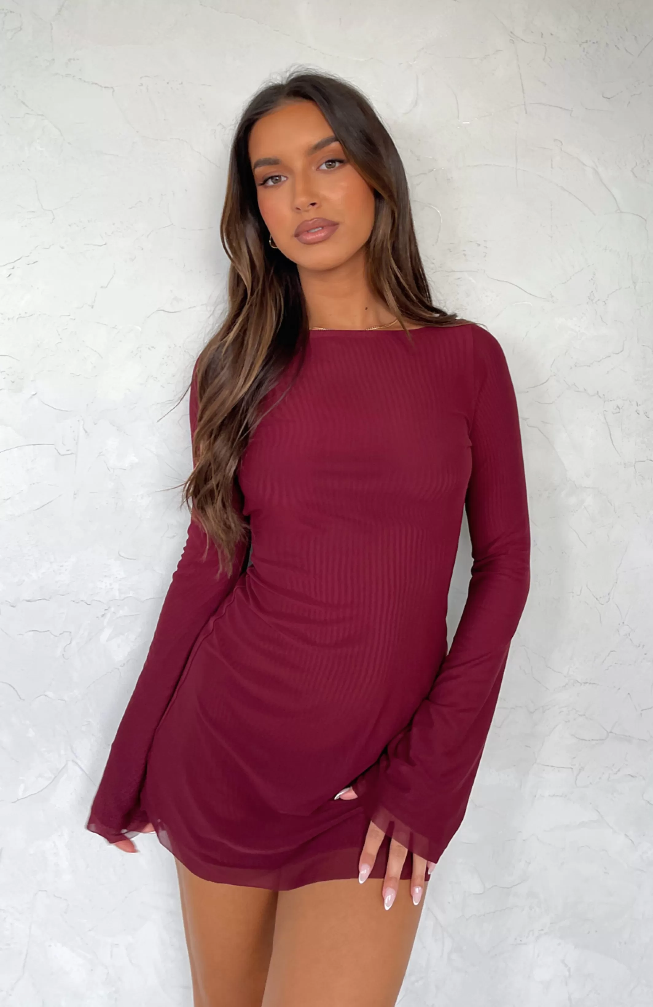 Excuse Me Miss Long Sleeve Mini Dress Wine