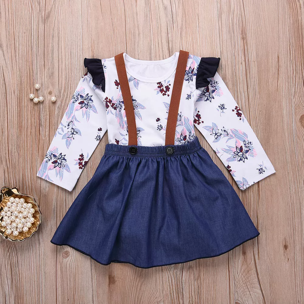 Fashion Baby clothes 2PCs Infant Baby Girls Clothing Set Floral Romper Jumpsuit Denim Strap Skirt