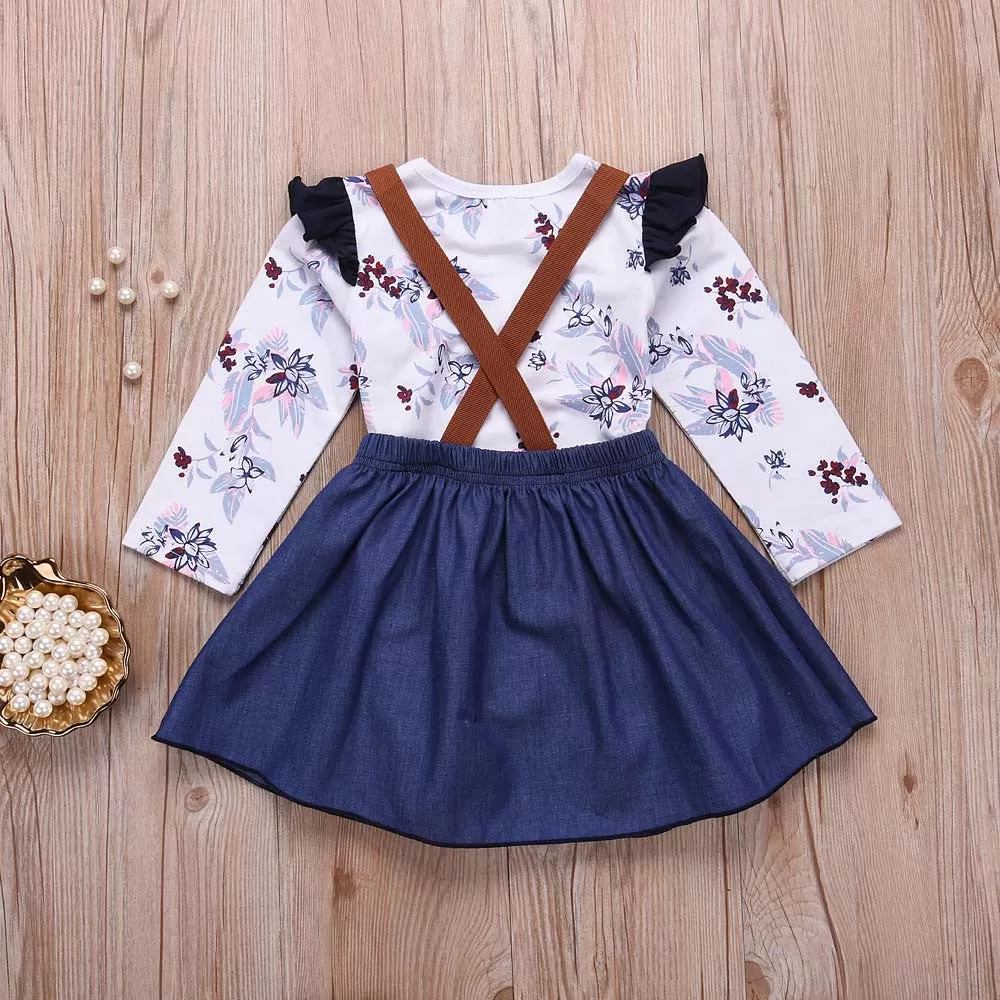 Fashion Baby clothes 2PCs Infant Baby Girls Clothing Set Floral Romper Jumpsuit Denim Strap Skirt