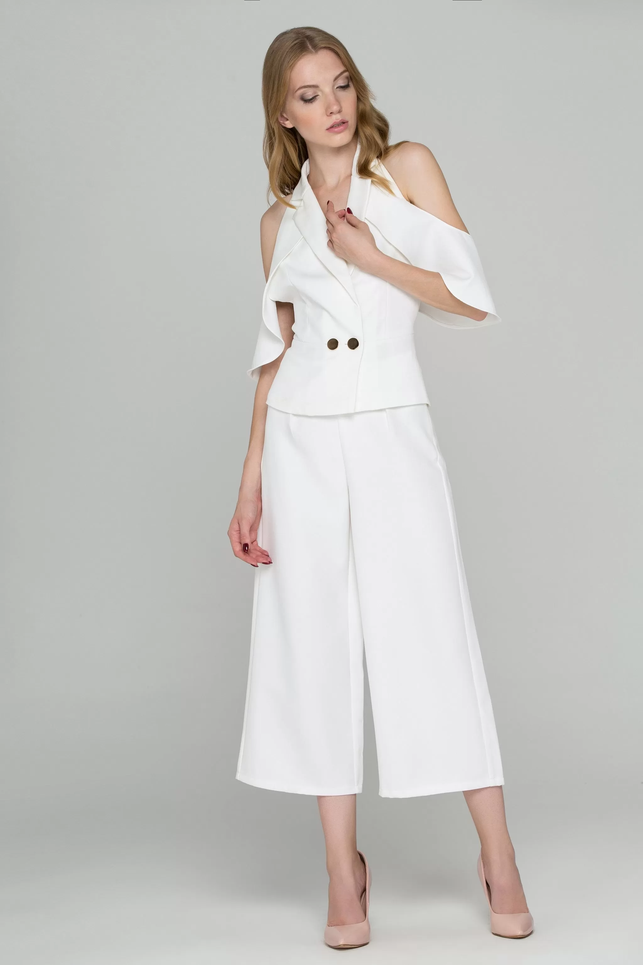 Fatima Almomen - White Ruffle Backless Two Piece Jumpsuit