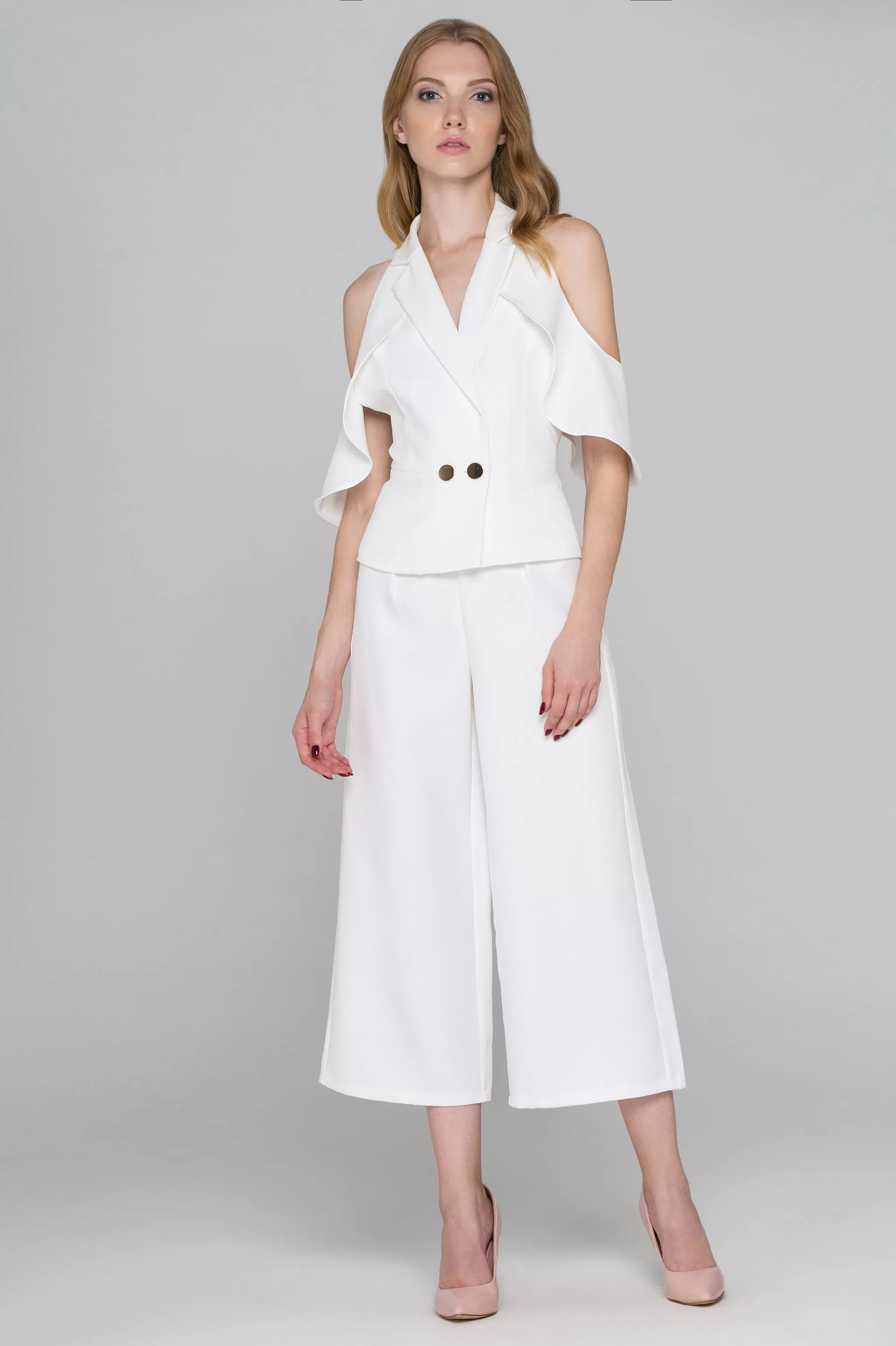 Fatima Almomen - White Ruffle Backless Two Piece Jumpsuit