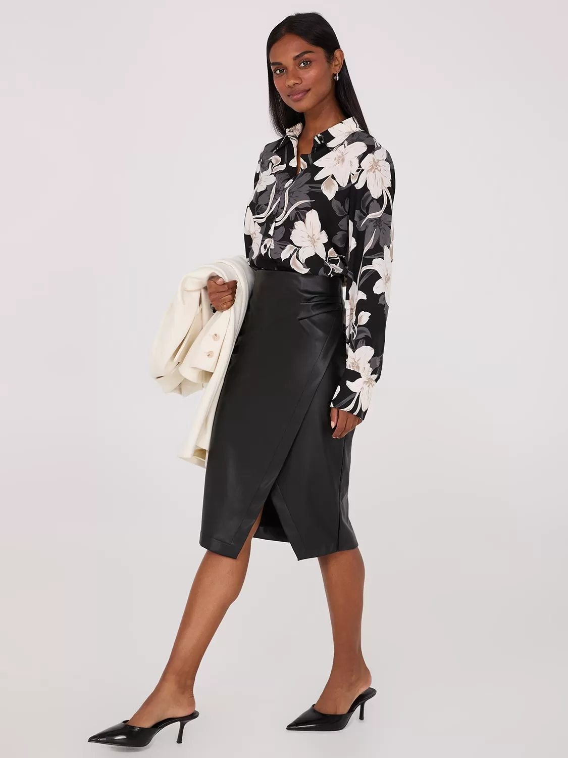 Faux Leather Front Wrap Pencil Skirt