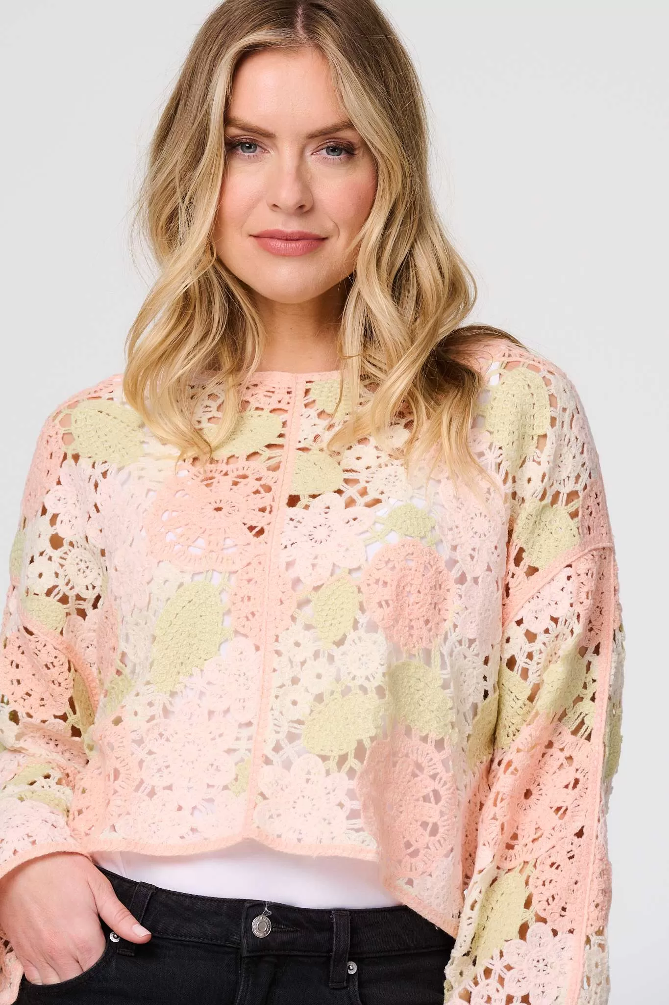 Floral Crochet Cropped Long Sleeve Top