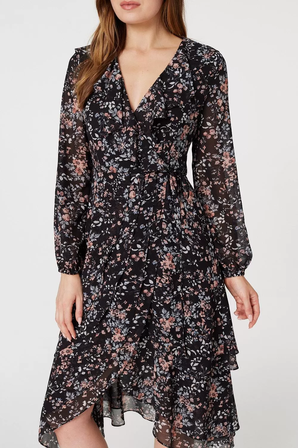 Floral High Low Wrap Midi Dress