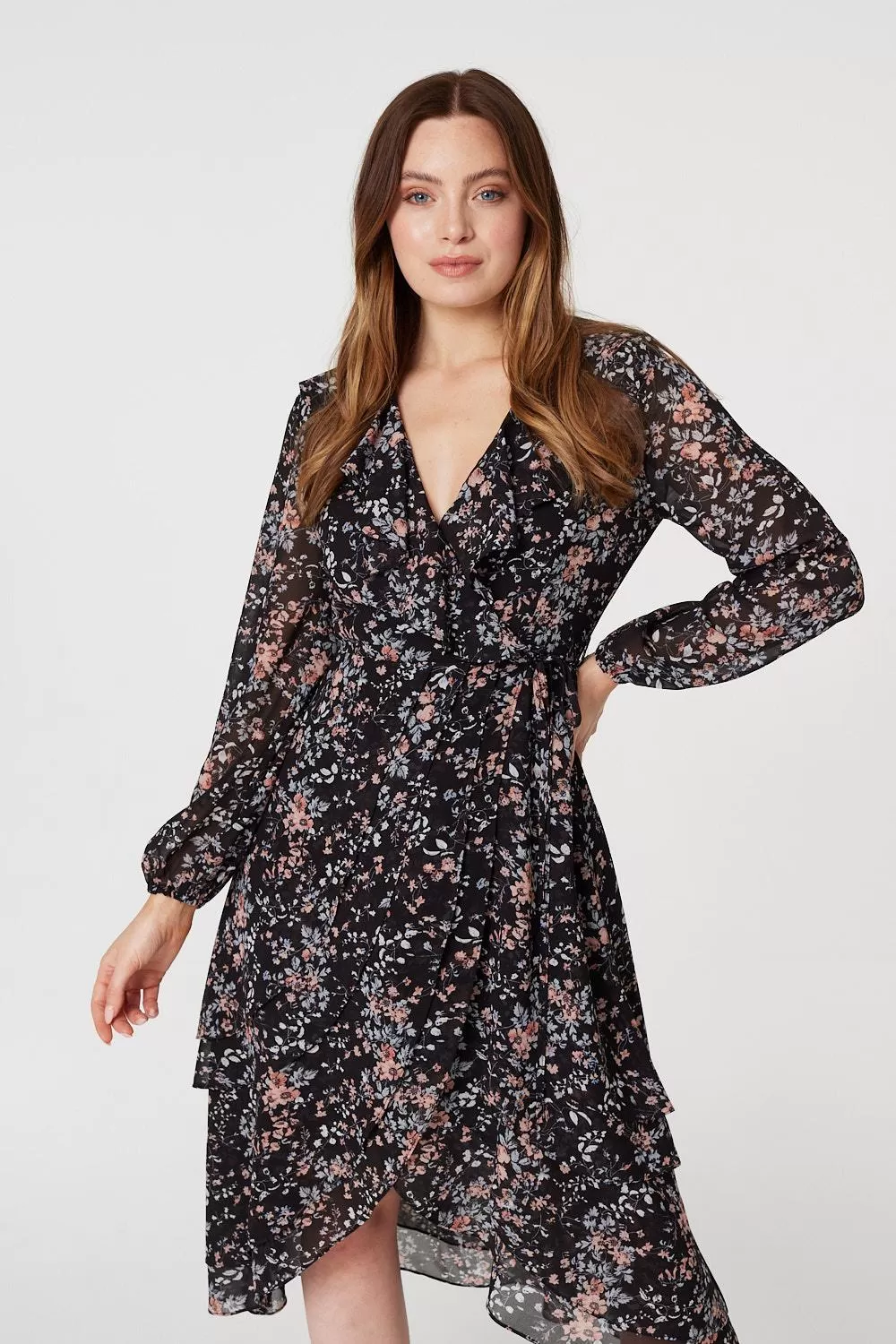 Floral High Low Wrap Midi Dress