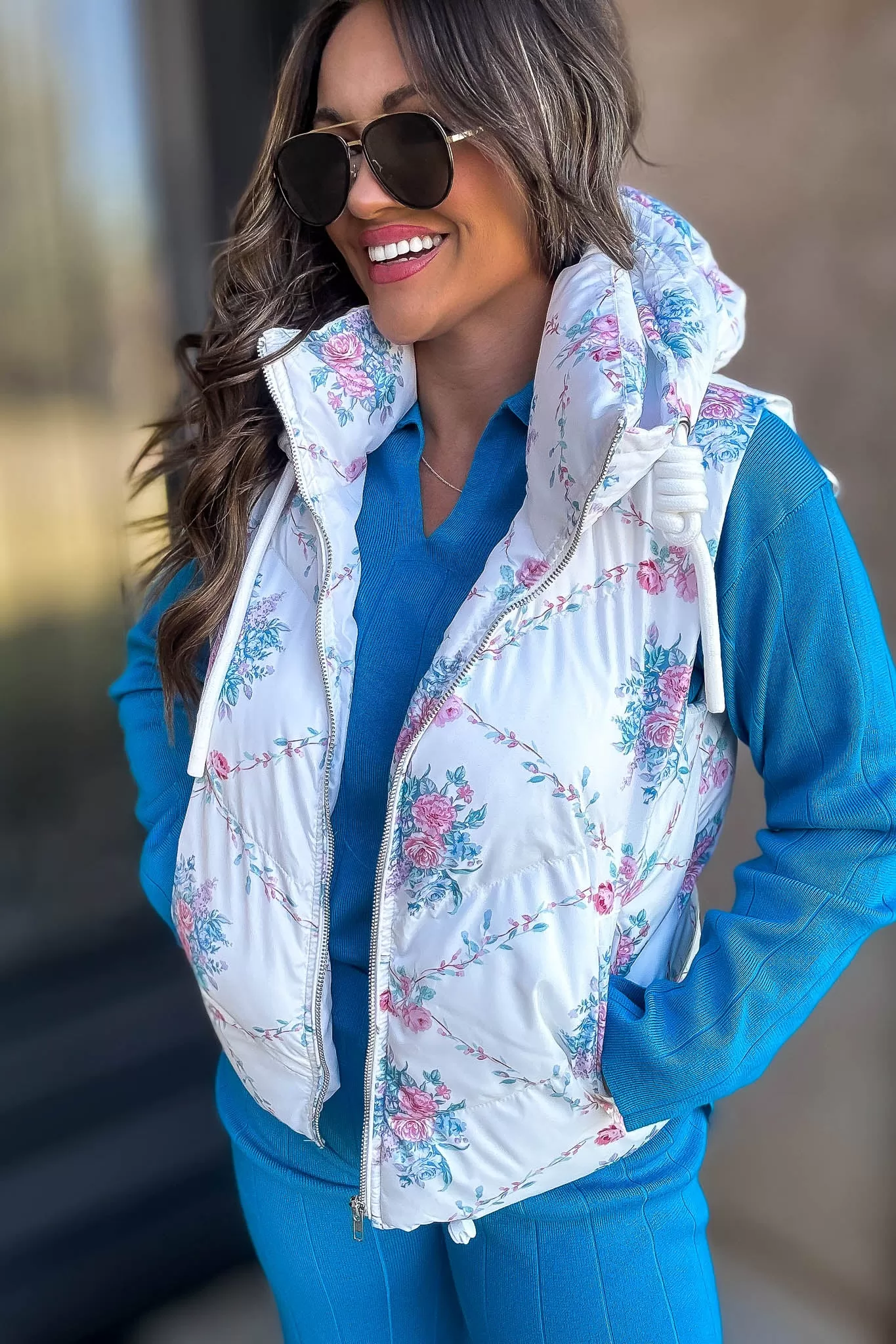 Floral Ivory Pebbled Puffer Vest