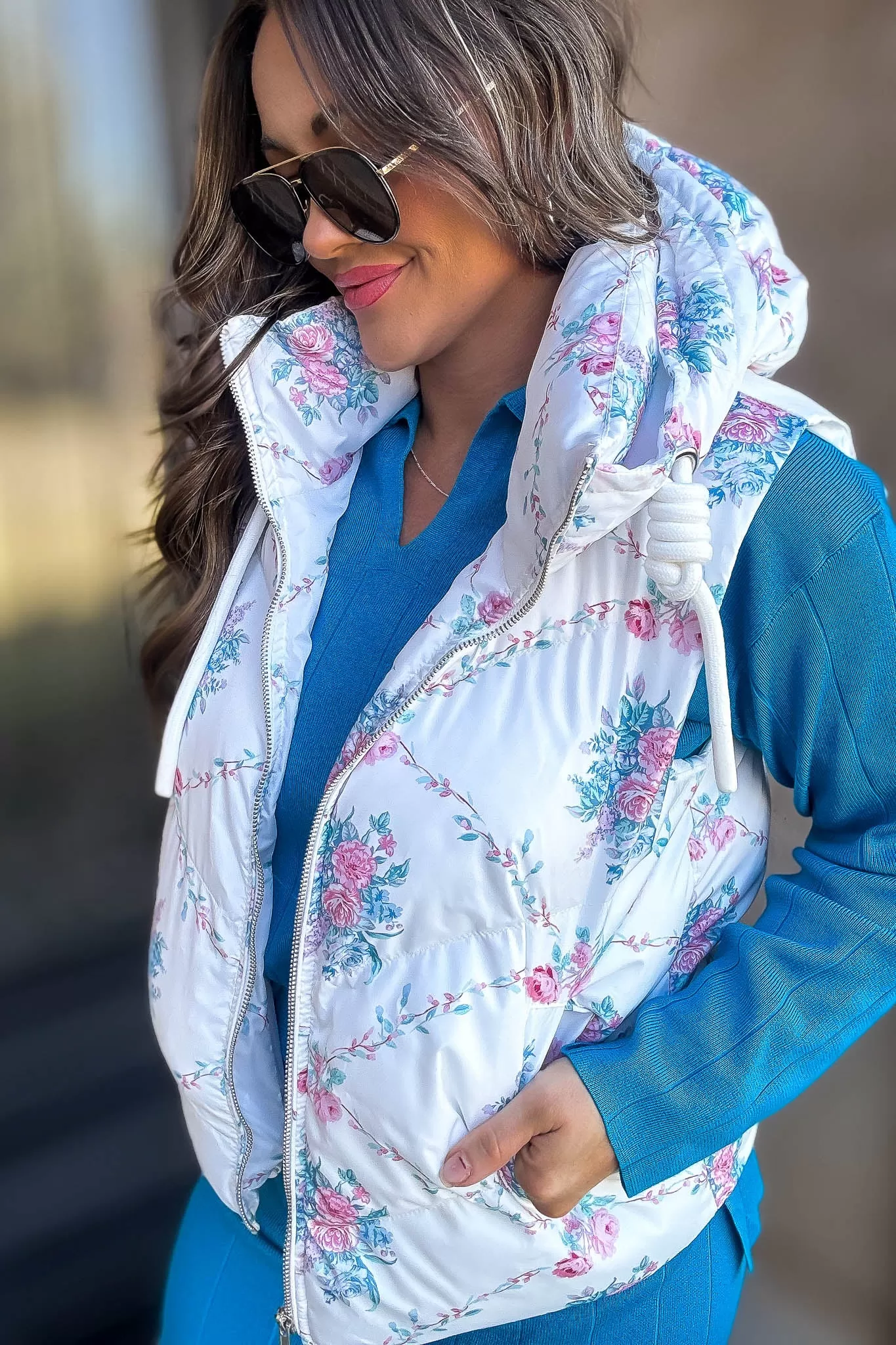 Floral Ivory Pebbled Puffer Vest