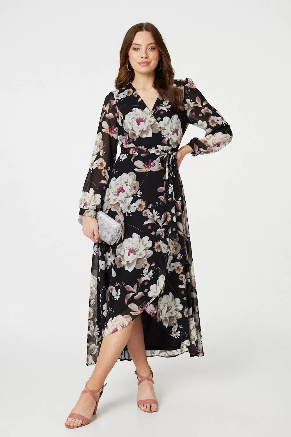 Floral Long Sleeve Tie Waist Wrap Midi Dress