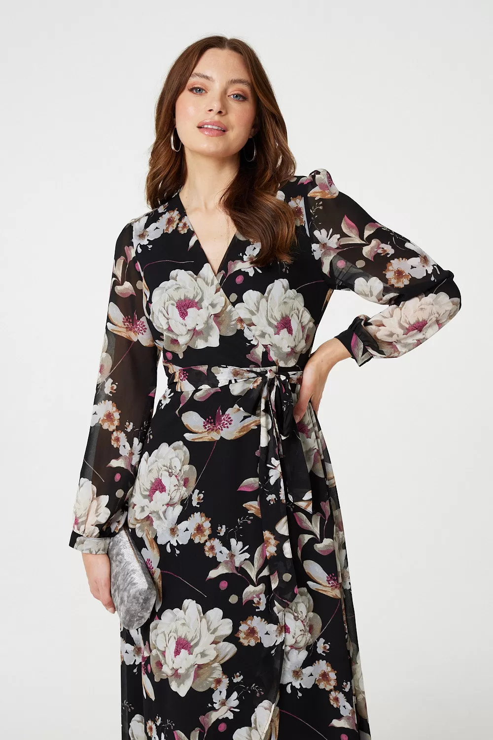 Floral Long Sleeve Tie Waist Wrap Midi Dress