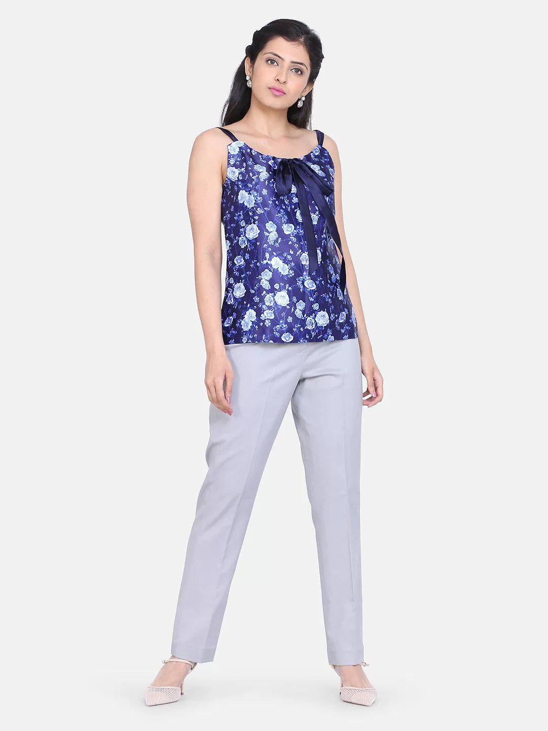 Floral Print Satin Top - Royal Blue