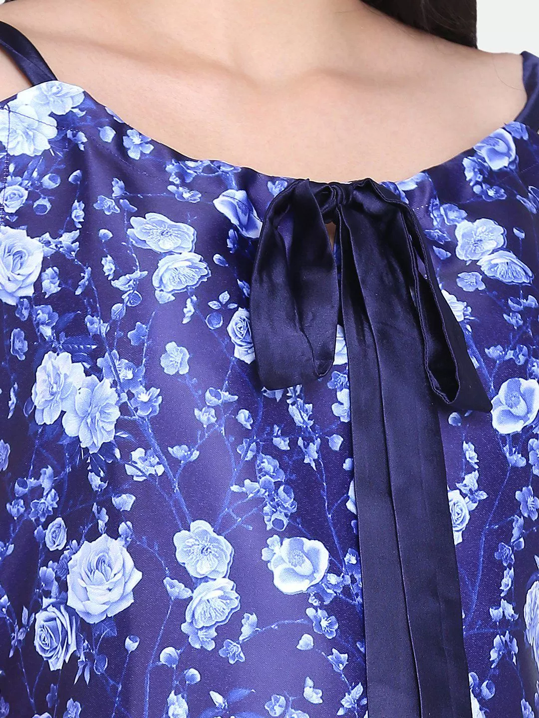 Floral Print Satin Top - Royal Blue