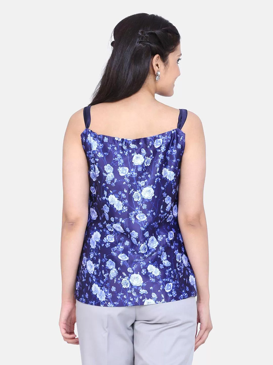 Floral Print Satin Top - Royal Blue