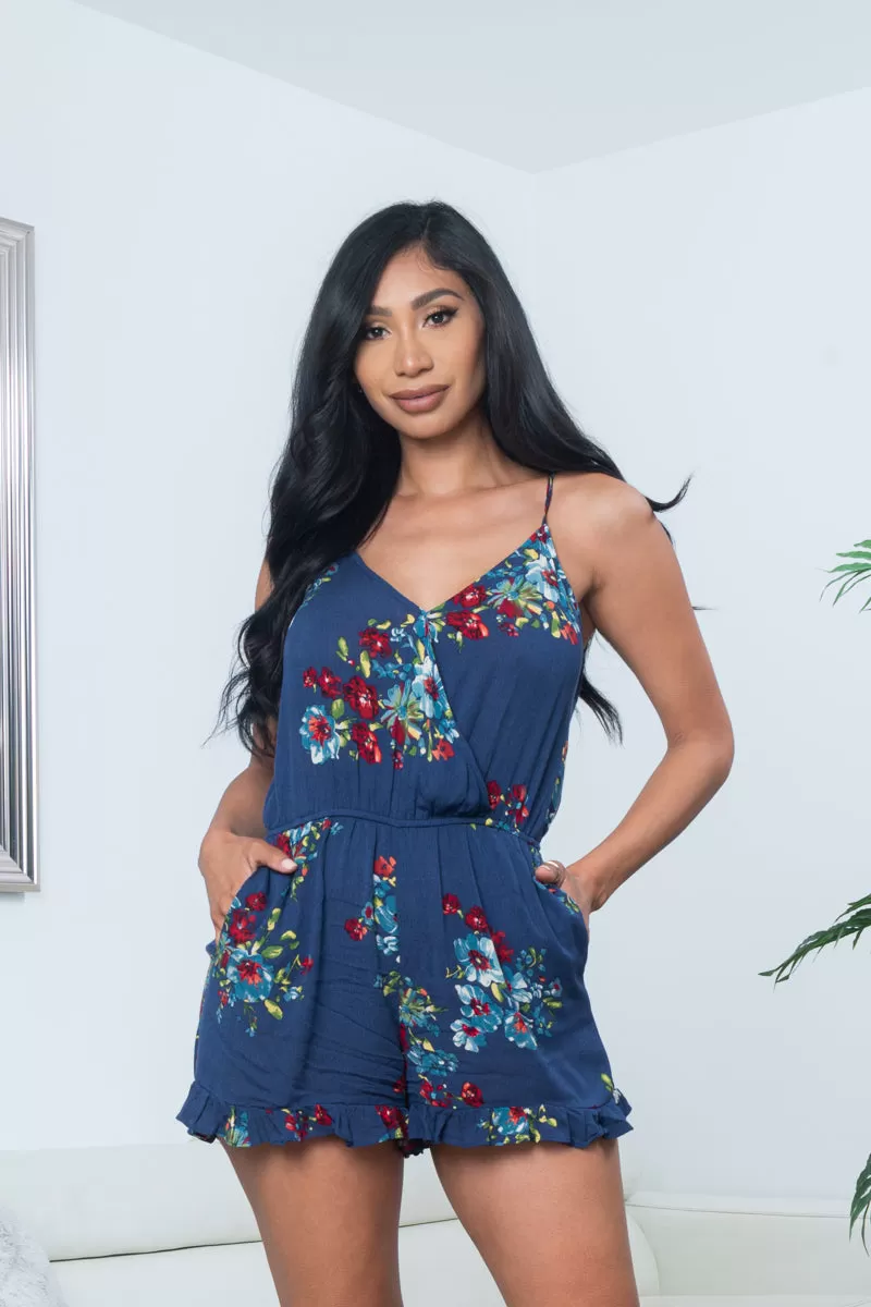 Floral Print Spaghetti Strap Surplice V Neck Mini Shorts Romper with Slant Pockets in Navy (90443)