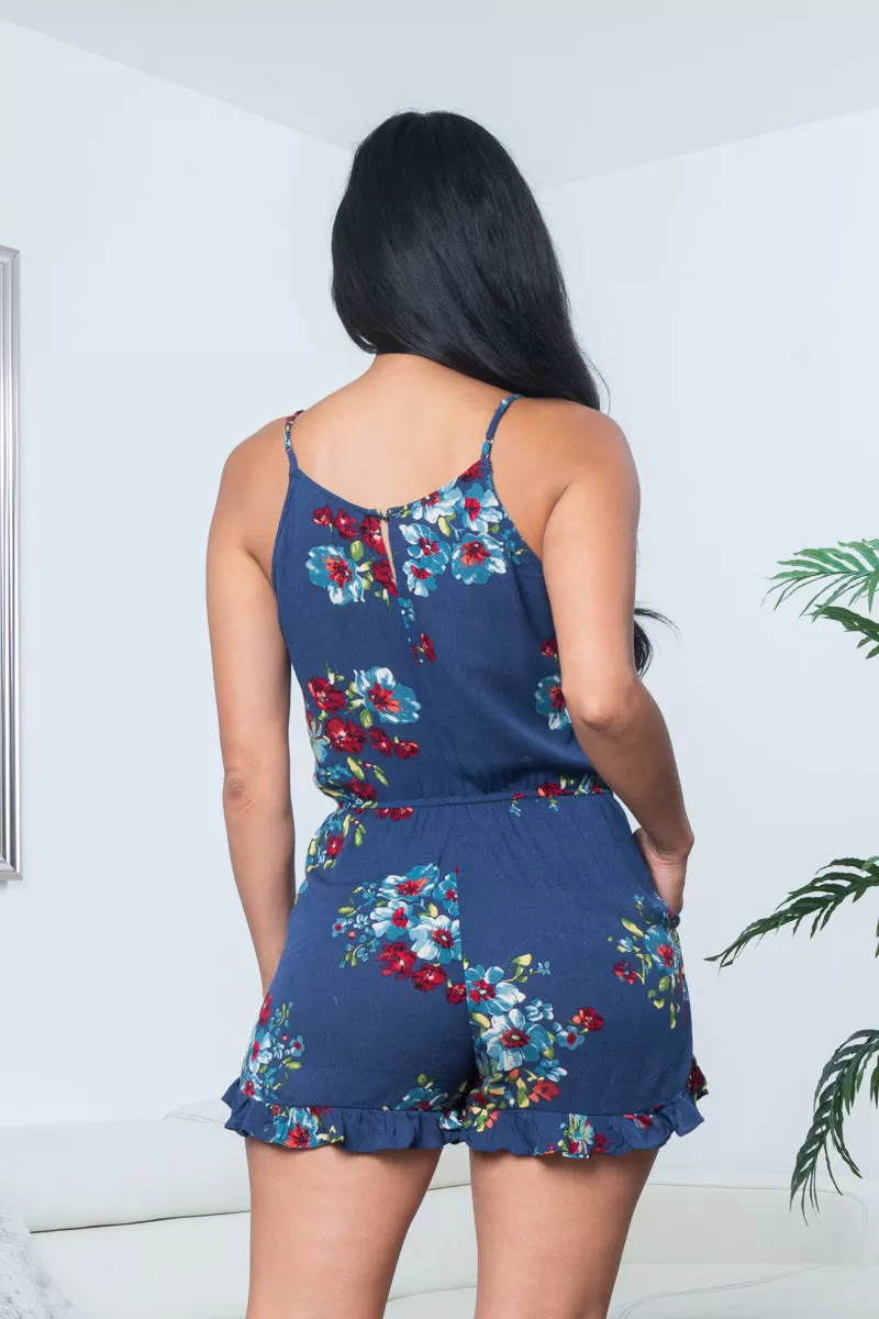 Floral Print Spaghetti Strap Surplice V Neck Mini Shorts Romper with Slant Pockets in Navy (90443)