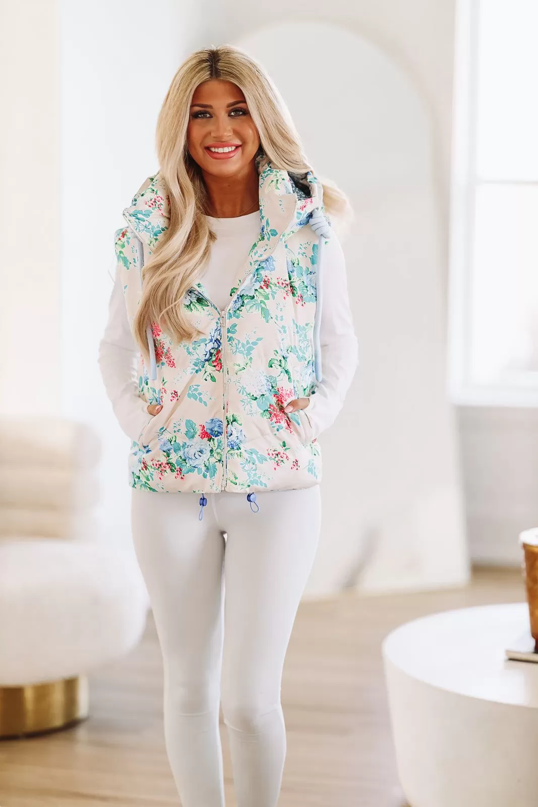 Floral Puffer Vest - White and Blue