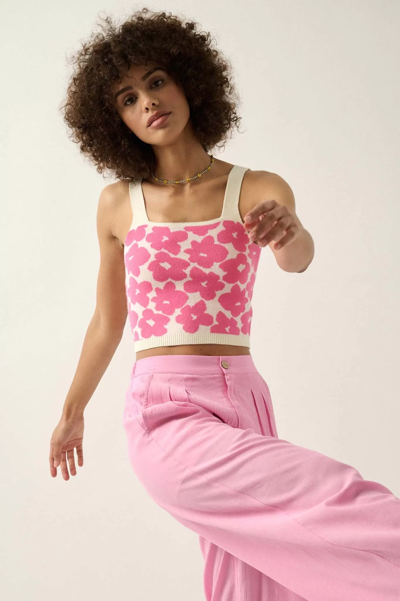 Flower Shop Floral Knit Cropped Sweater Tank Top