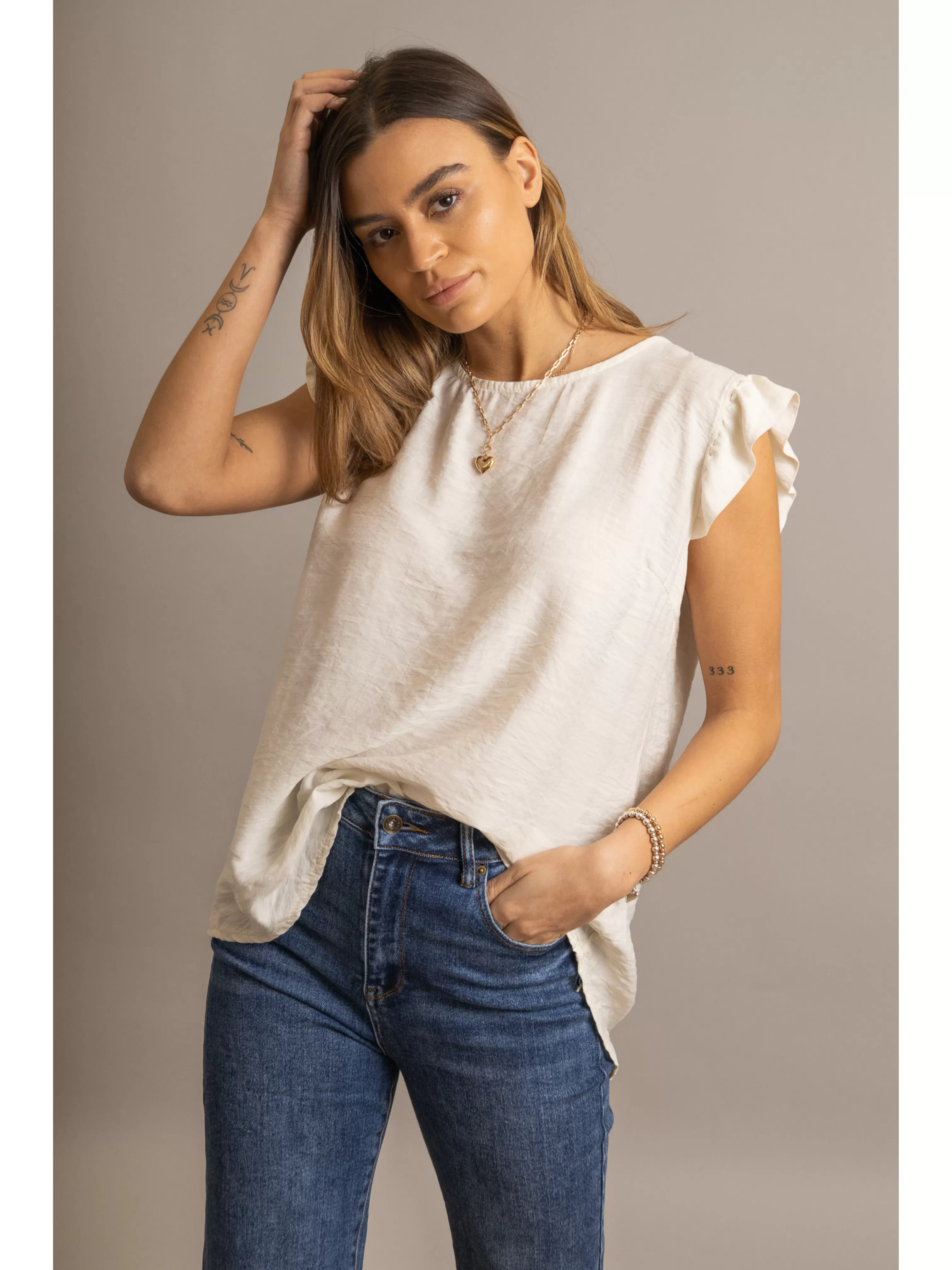 Frill Sleeve Button Back Top