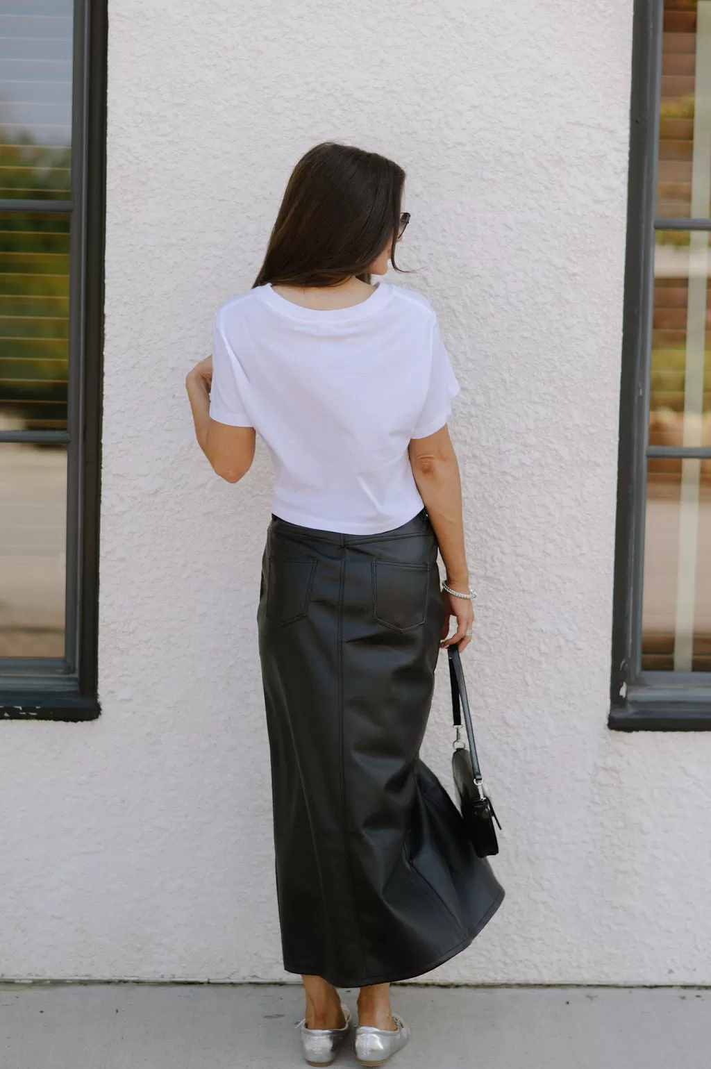 Front Slit PU Midi Skirt-Black