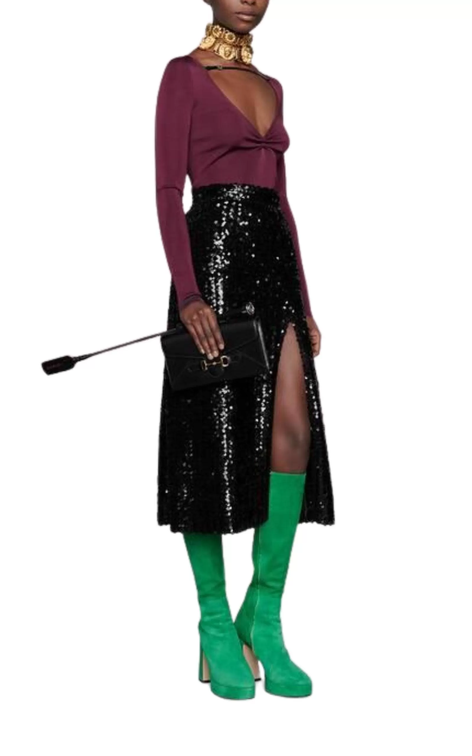 Front Slit Sequin Embroidered Skirt