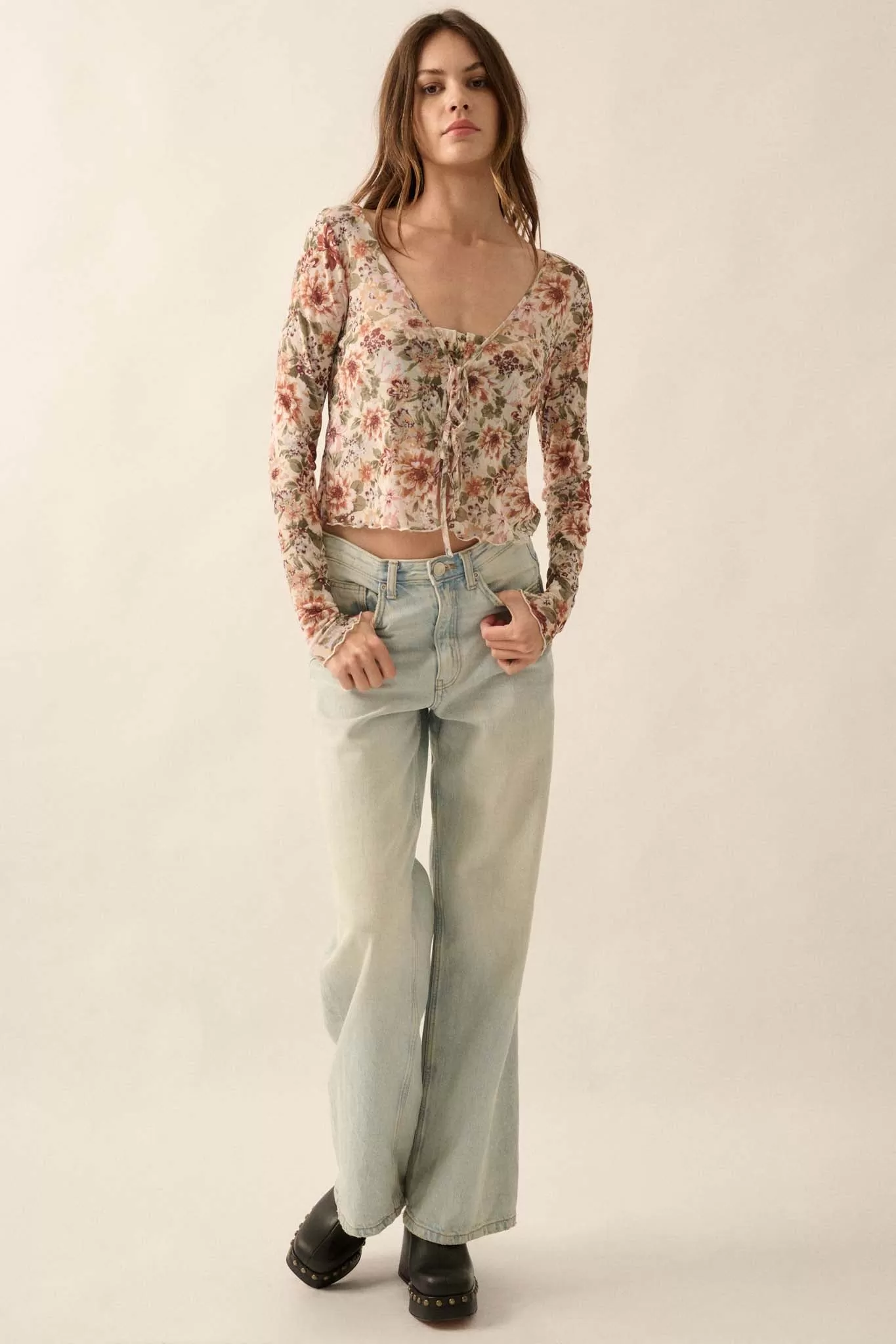 Garden Blossoms Floral Mesh Layered Tie-Front Top