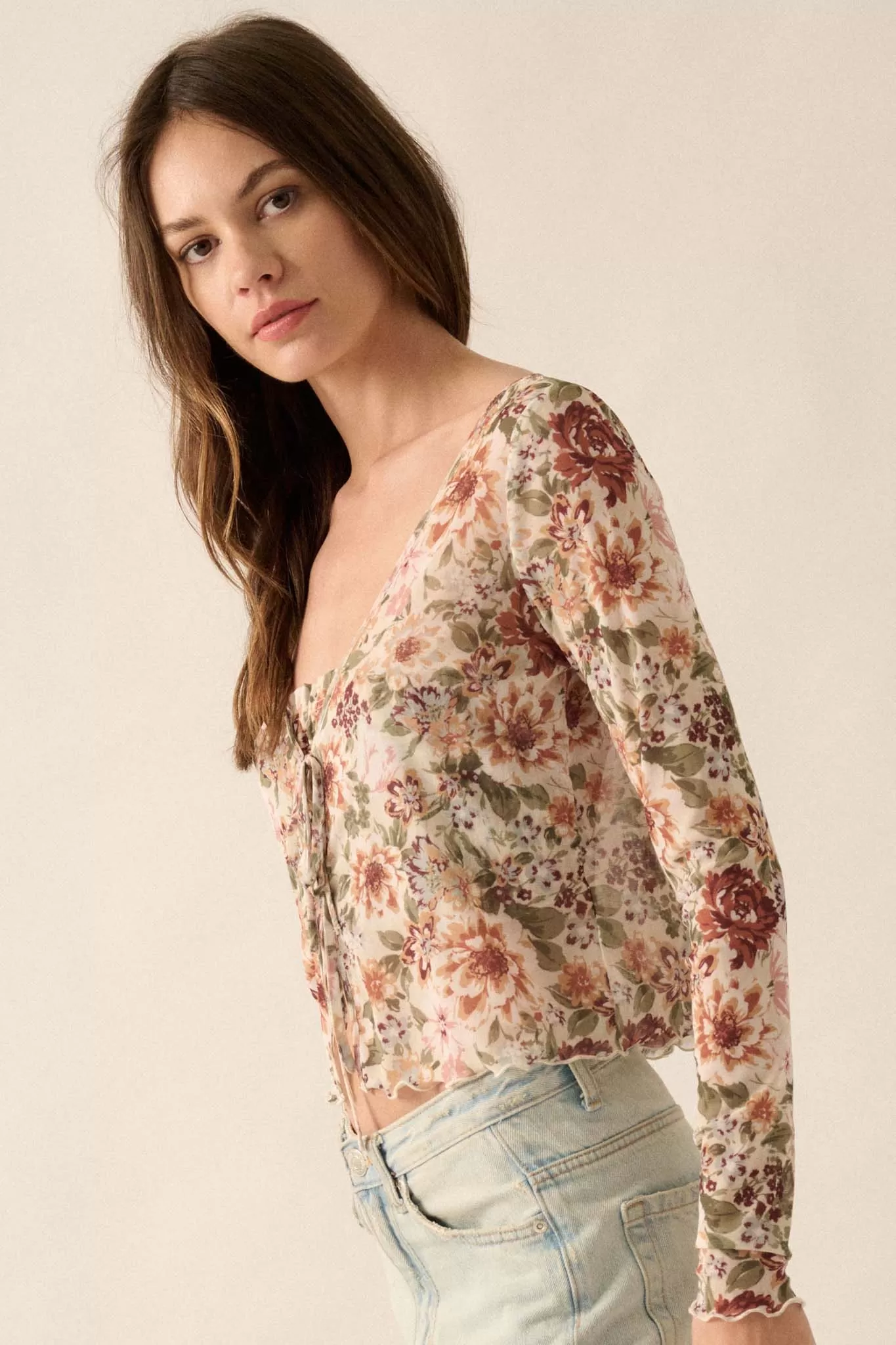 Garden Blossoms Floral Mesh Layered Tie-Front Top