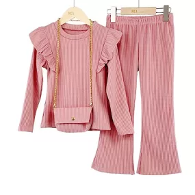 Girls D/Pink 3PC Rib Frill Co-ord & Bag