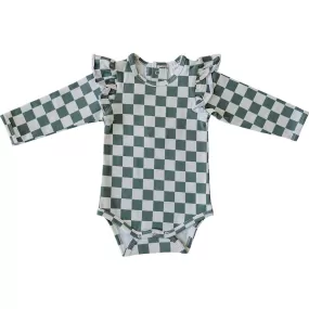 Green Checkered Ruffle Sleeve Bodysuit