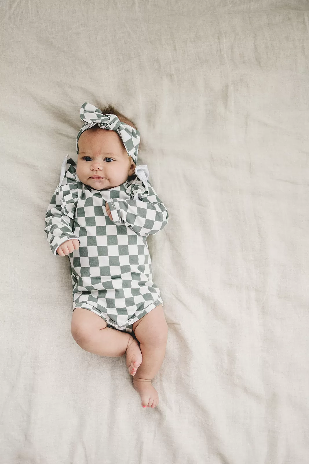 Green Checkered Ruffle Sleeve Bodysuit