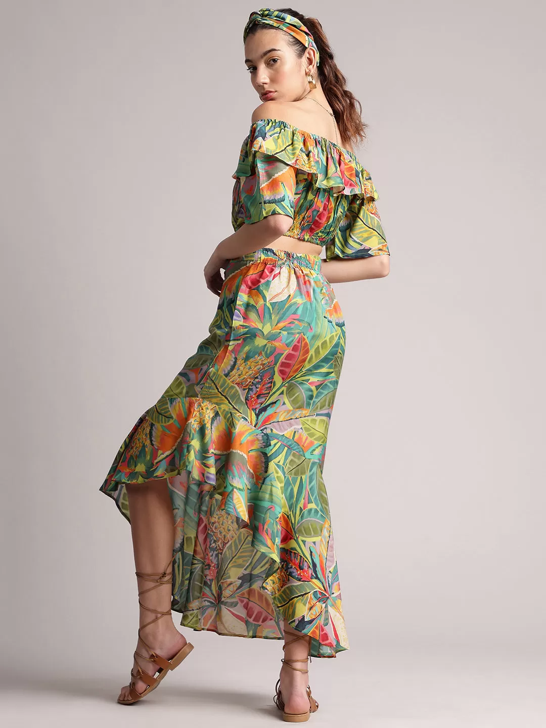 Green Muslin Tropical Ruffles Asymmetric Co-Ord Set