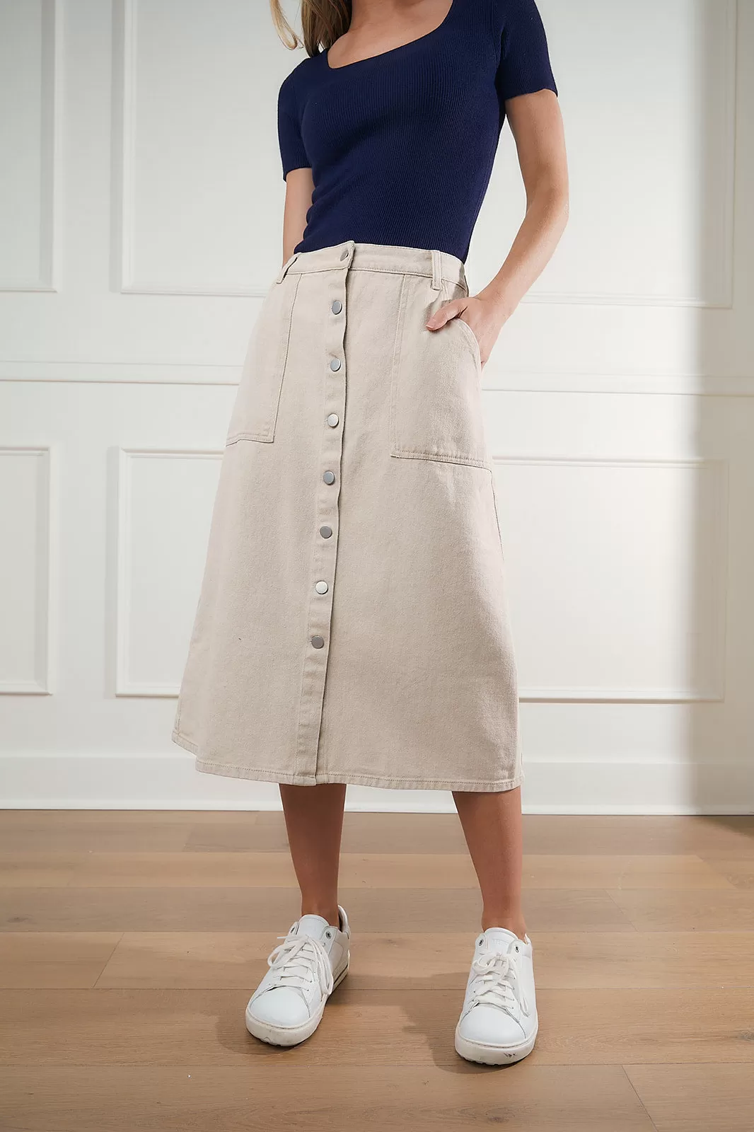 Hadley Button Front Midi Skirt