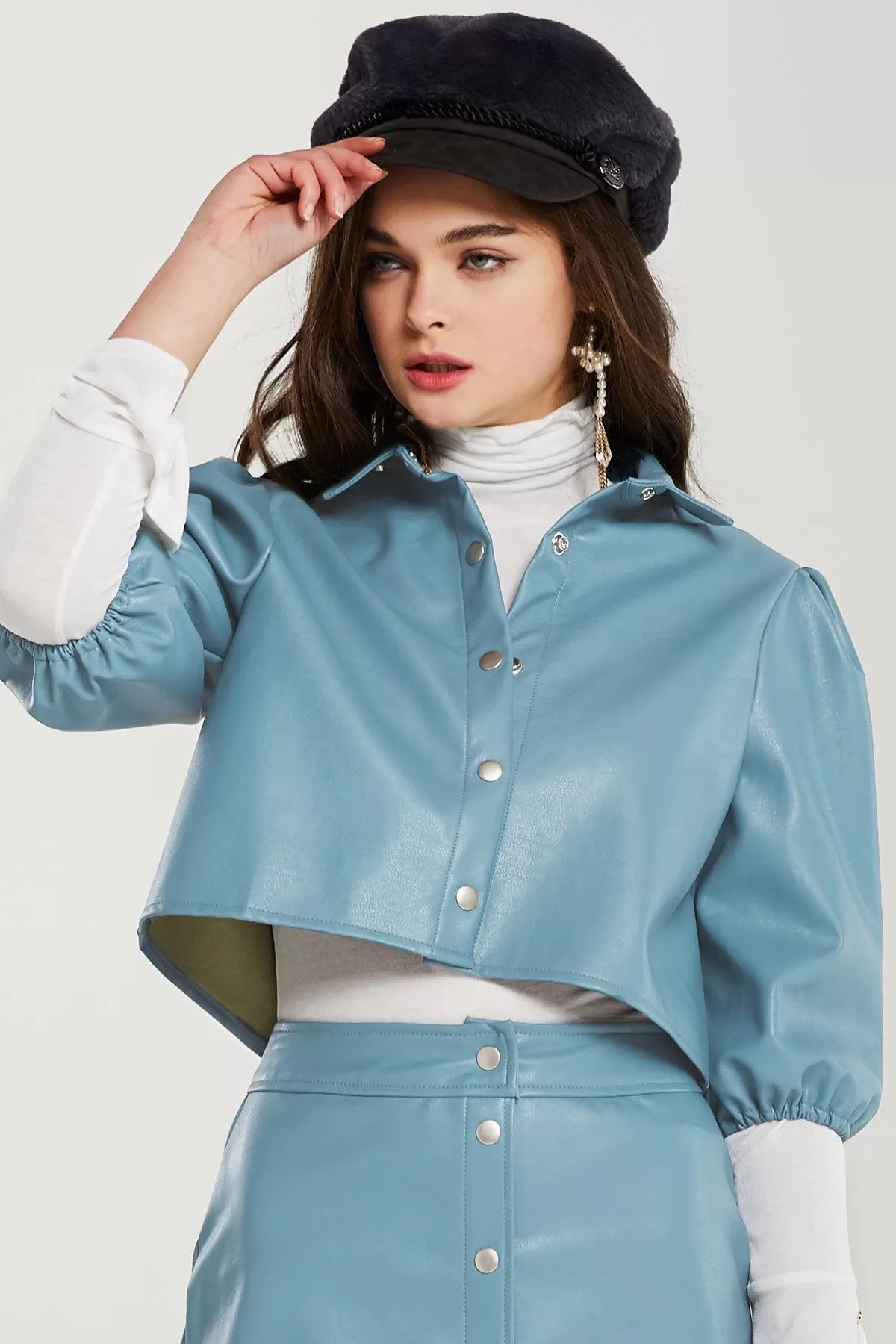 Haley Puff Sleeves Crop Pleather Blouse