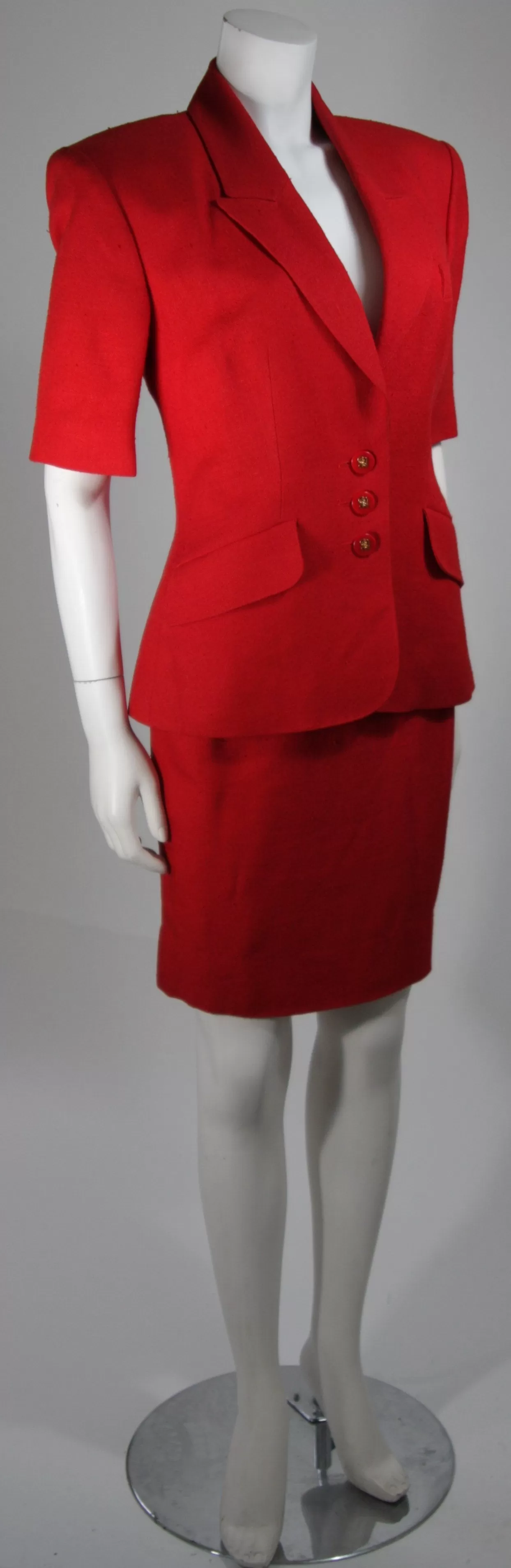 HERMES 2 pc Red Linen Skirt Suit w/ H buttons Size 42