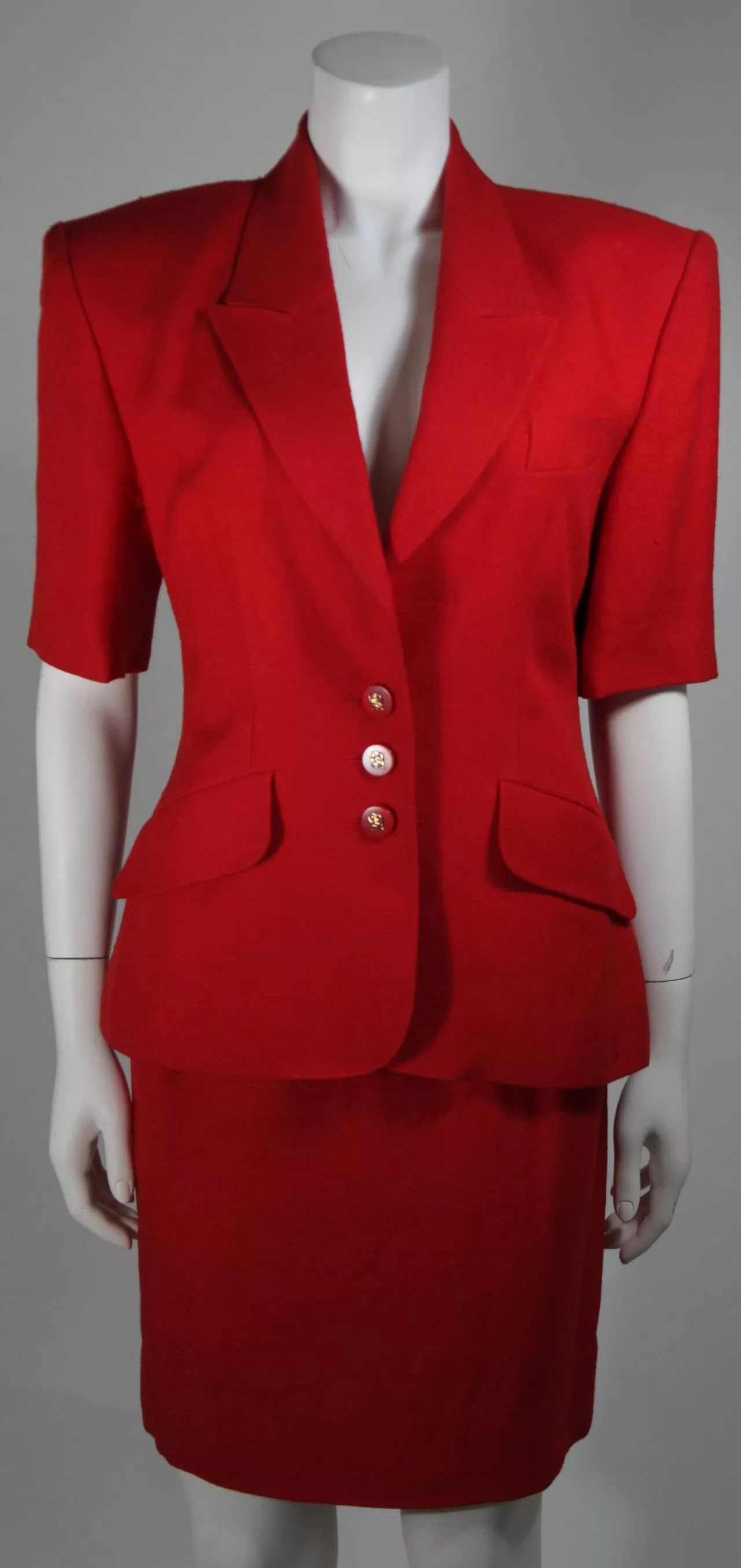 HERMES 2 pc Red Linen Skirt Suit w/ H buttons Size 42