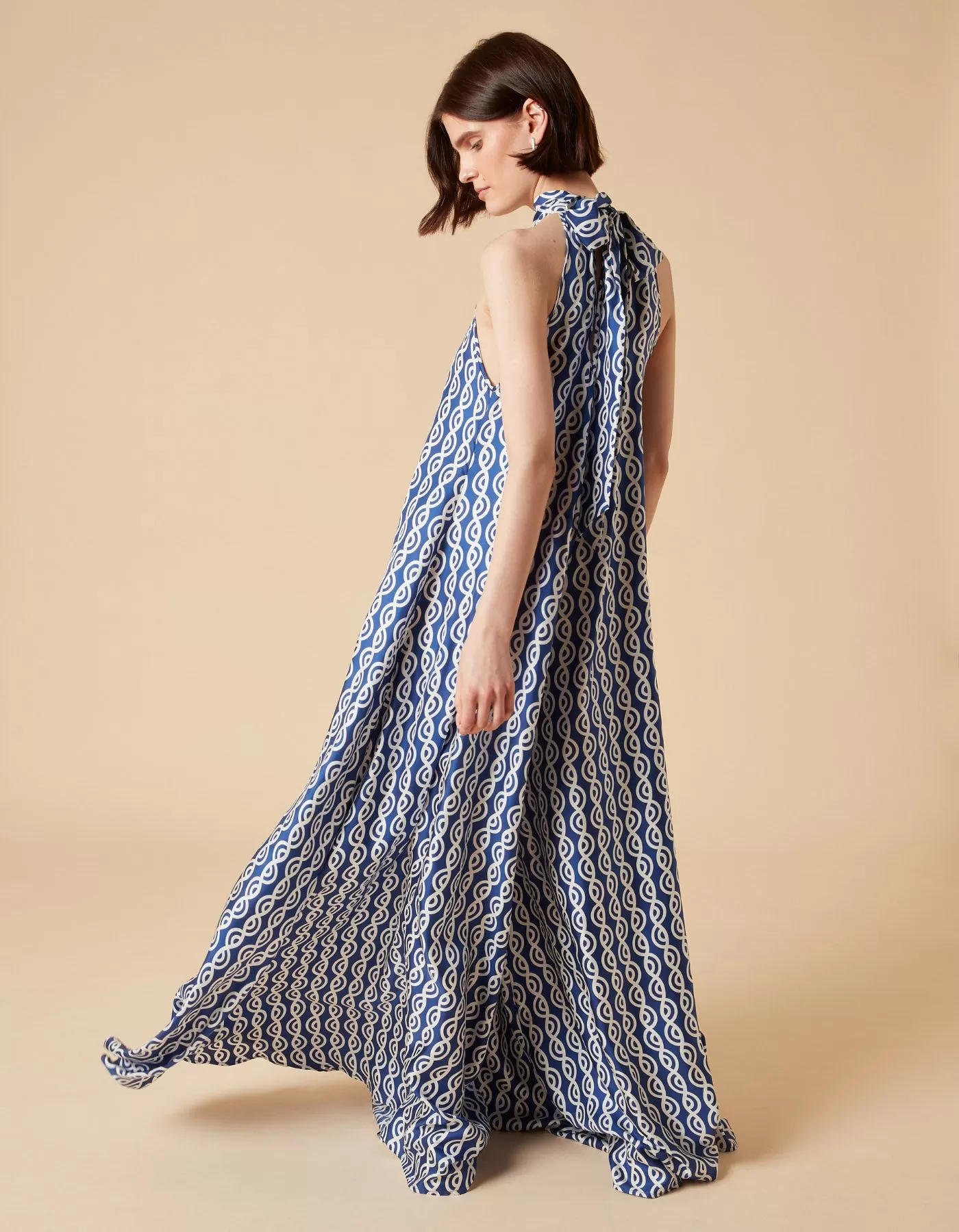 Iris Blue Twister Print Silk Twill Maxi Jumpsuit