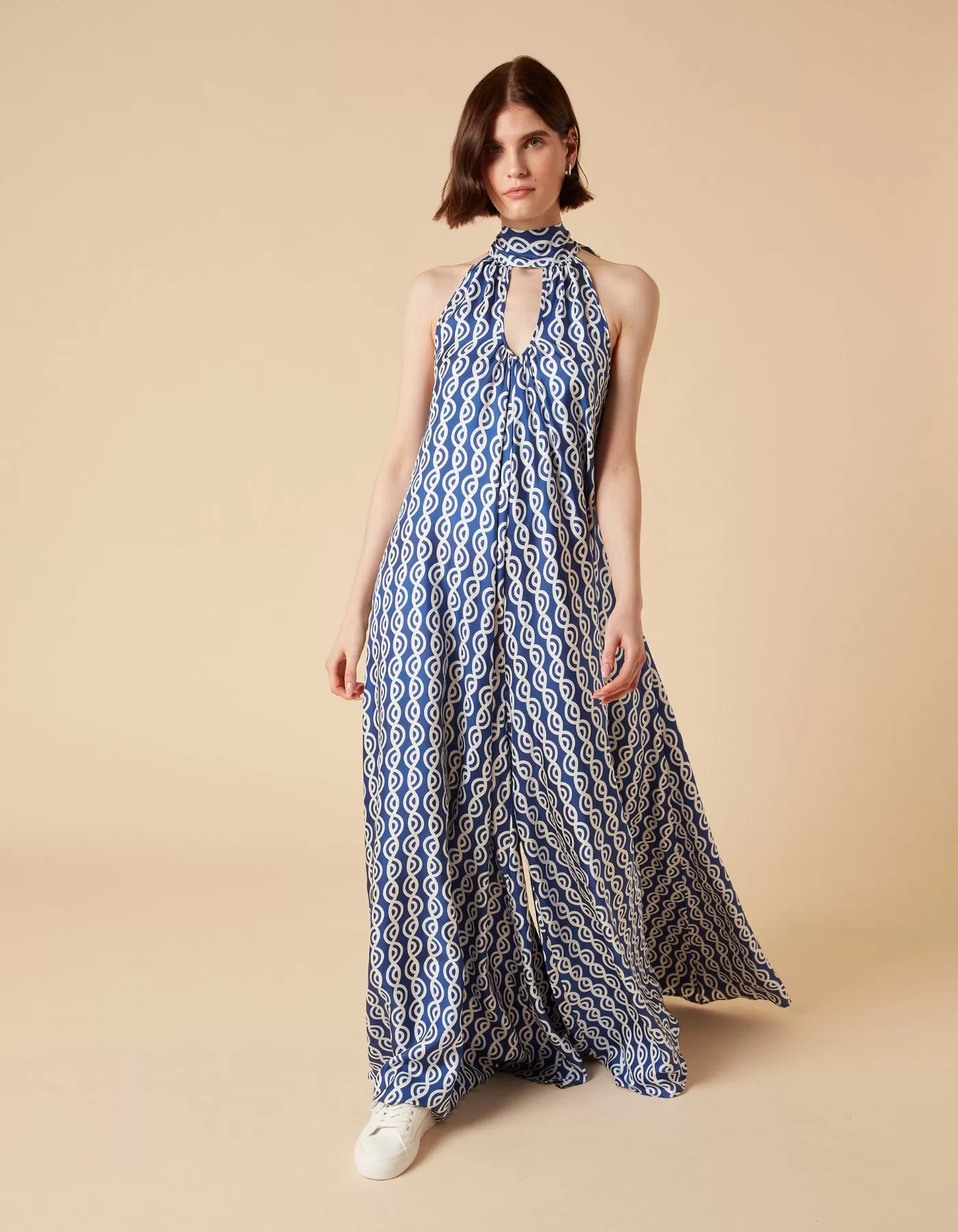 Iris Blue Twister Print Silk Twill Maxi Jumpsuit