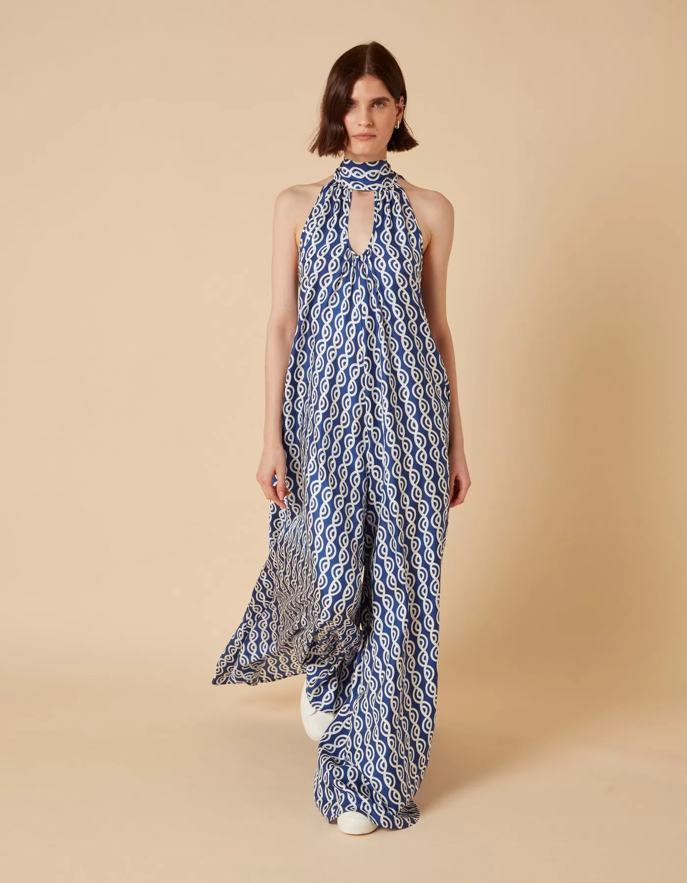 Iris Blue Twister Print Silk Twill Maxi Jumpsuit