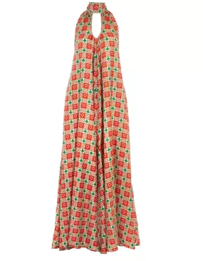 Iris Red Patchwork Print Silk Twill Maxi Jumpsuit