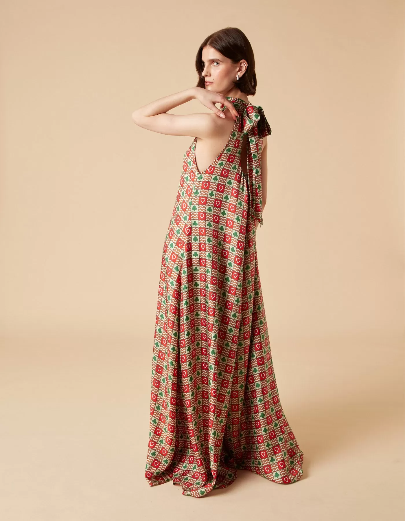 Iris Red Patchwork Print Silk Twill Maxi Jumpsuit