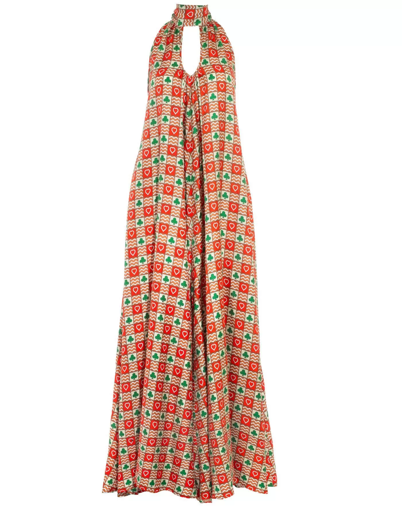 Iris Red Patchwork Print Silk Twill Maxi Jumpsuit