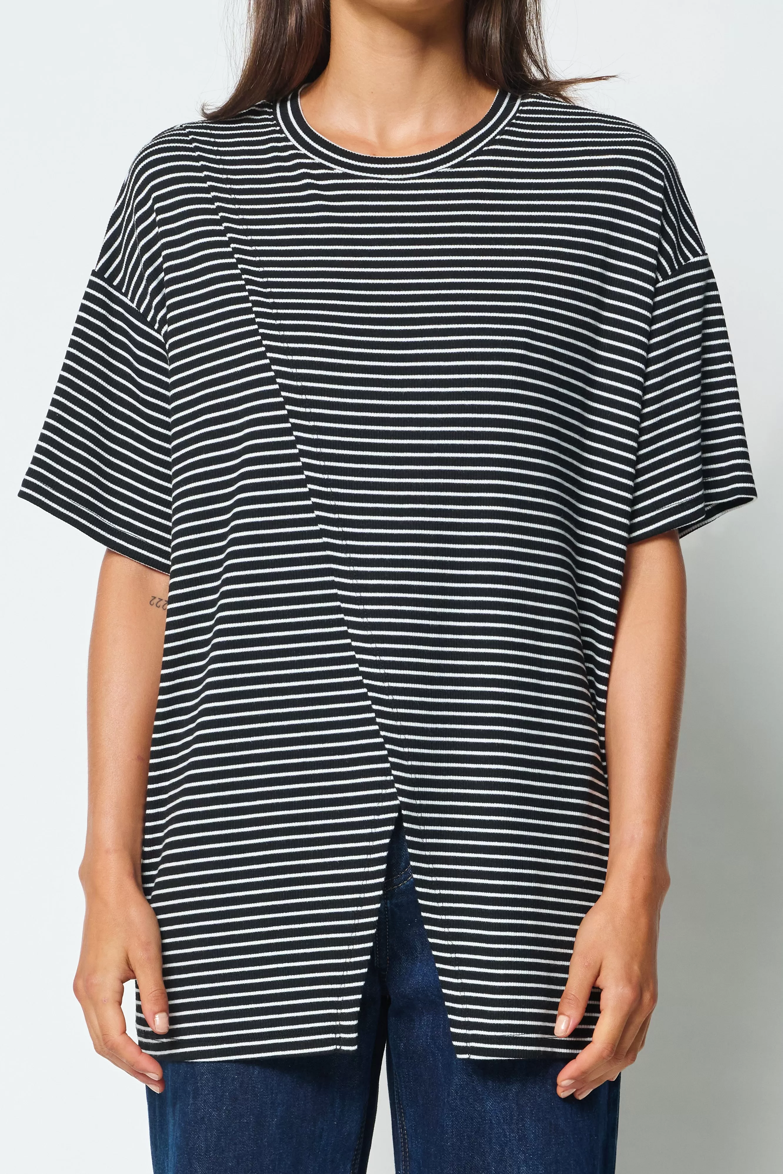 Ivy Stripe Longline Wrap Tee - Black / White