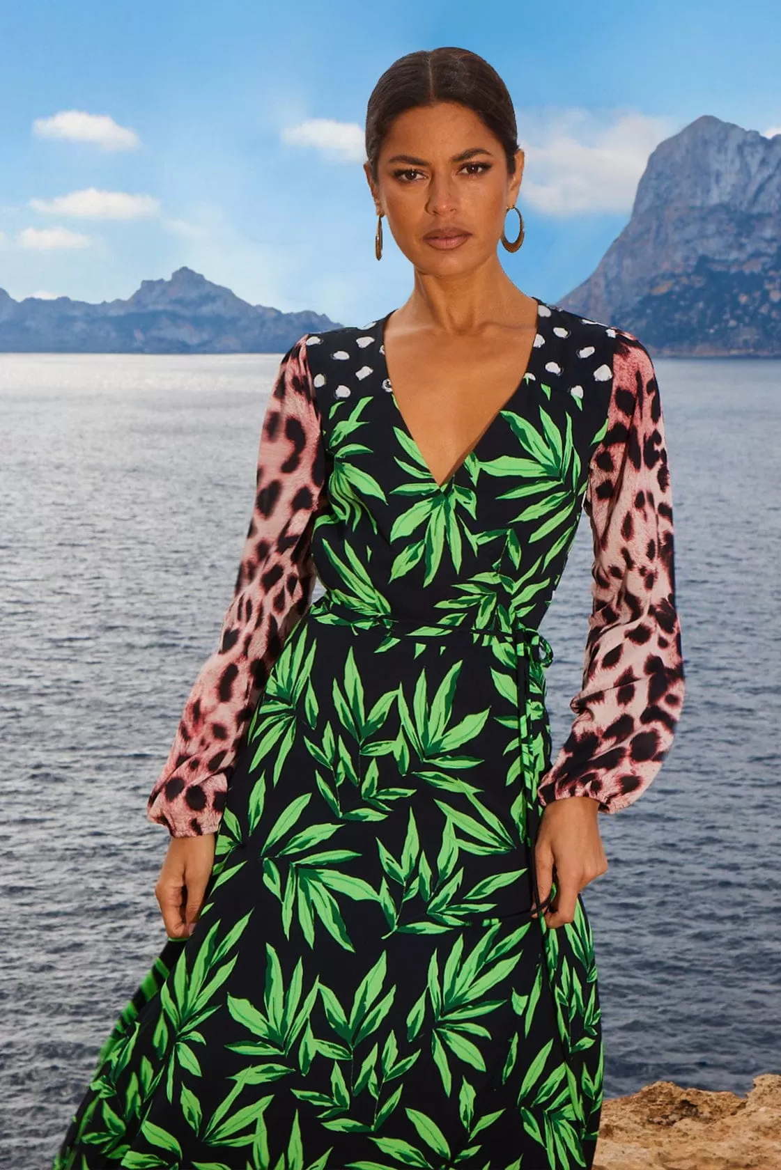 Jagger Maxi Wrap Dress in Tropic Green on Black Mix