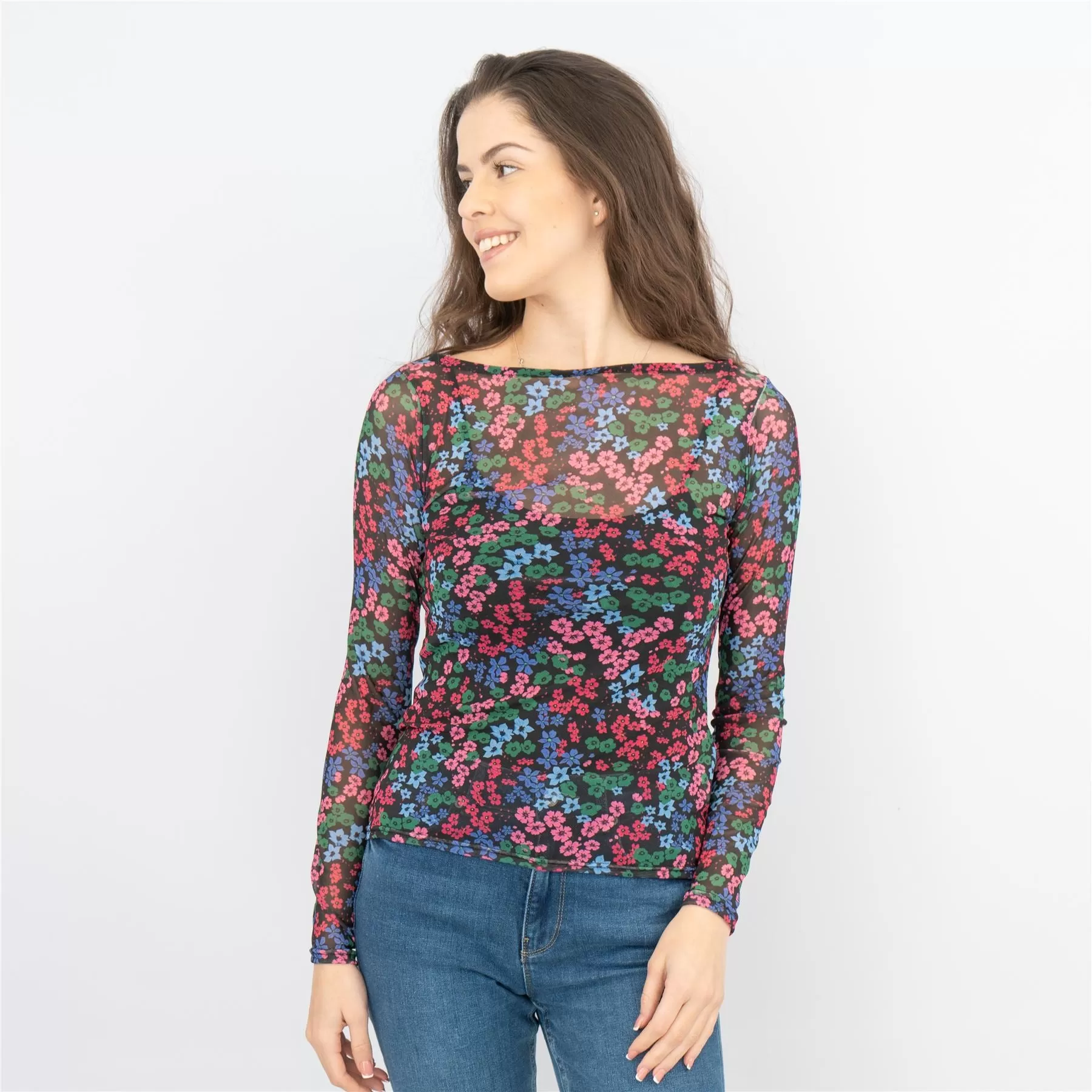 Karen Millen Black Floral Long Sleeve Boat Neck Mesh Tops