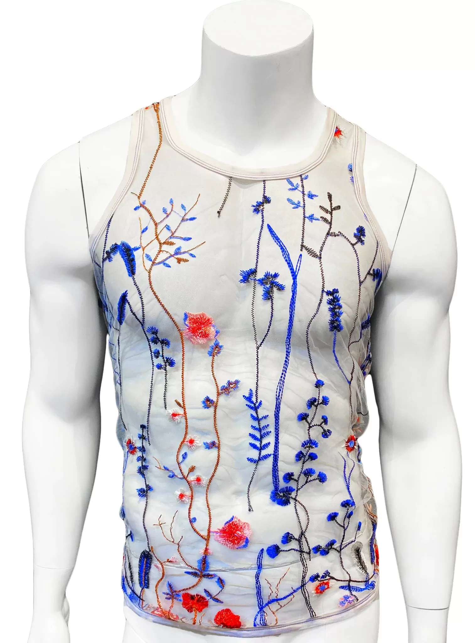 Knobs Embroidered blue floral tank mesh white