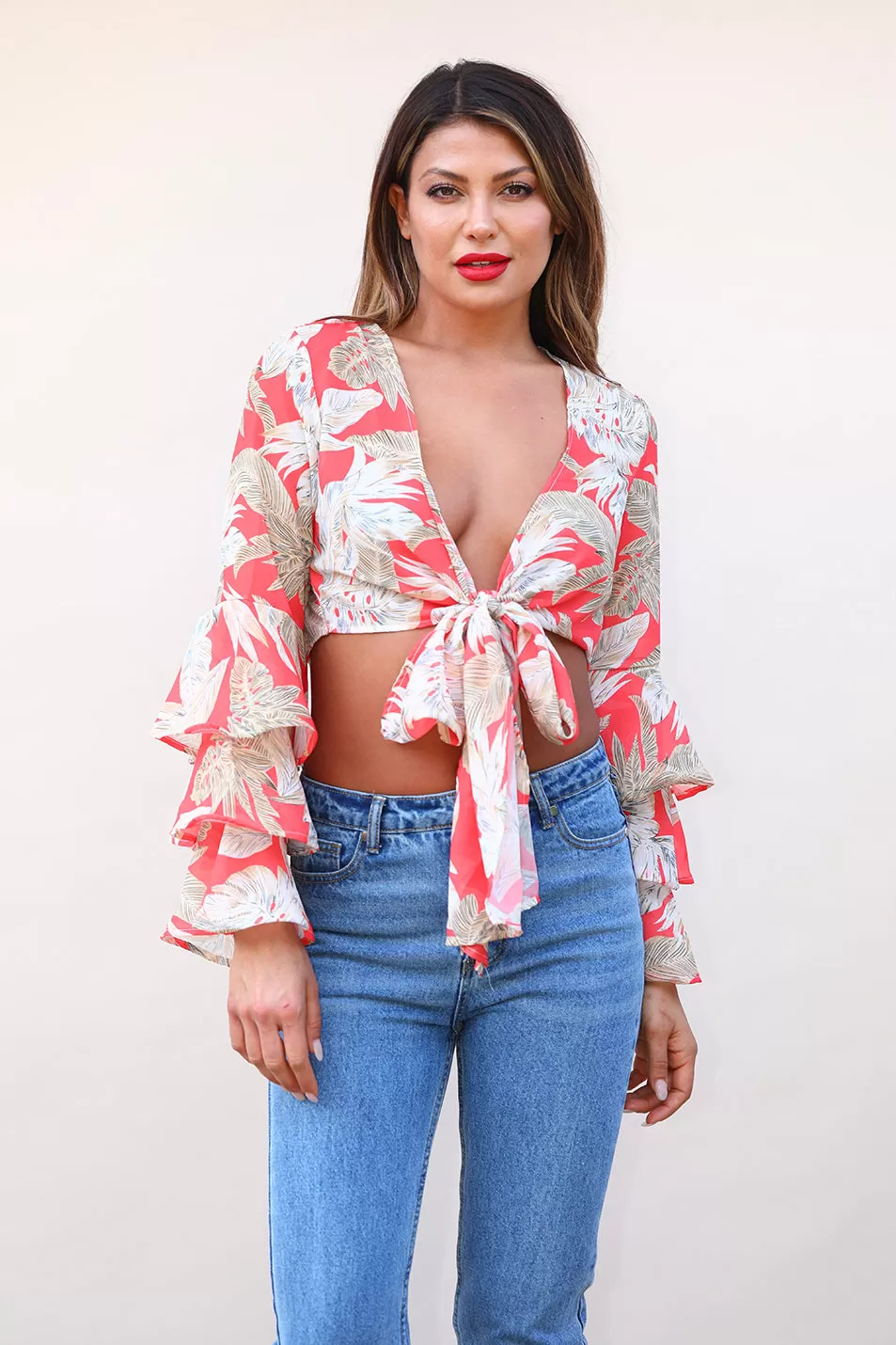 LAYERED BELL SLEEVE RUFFLE TOP